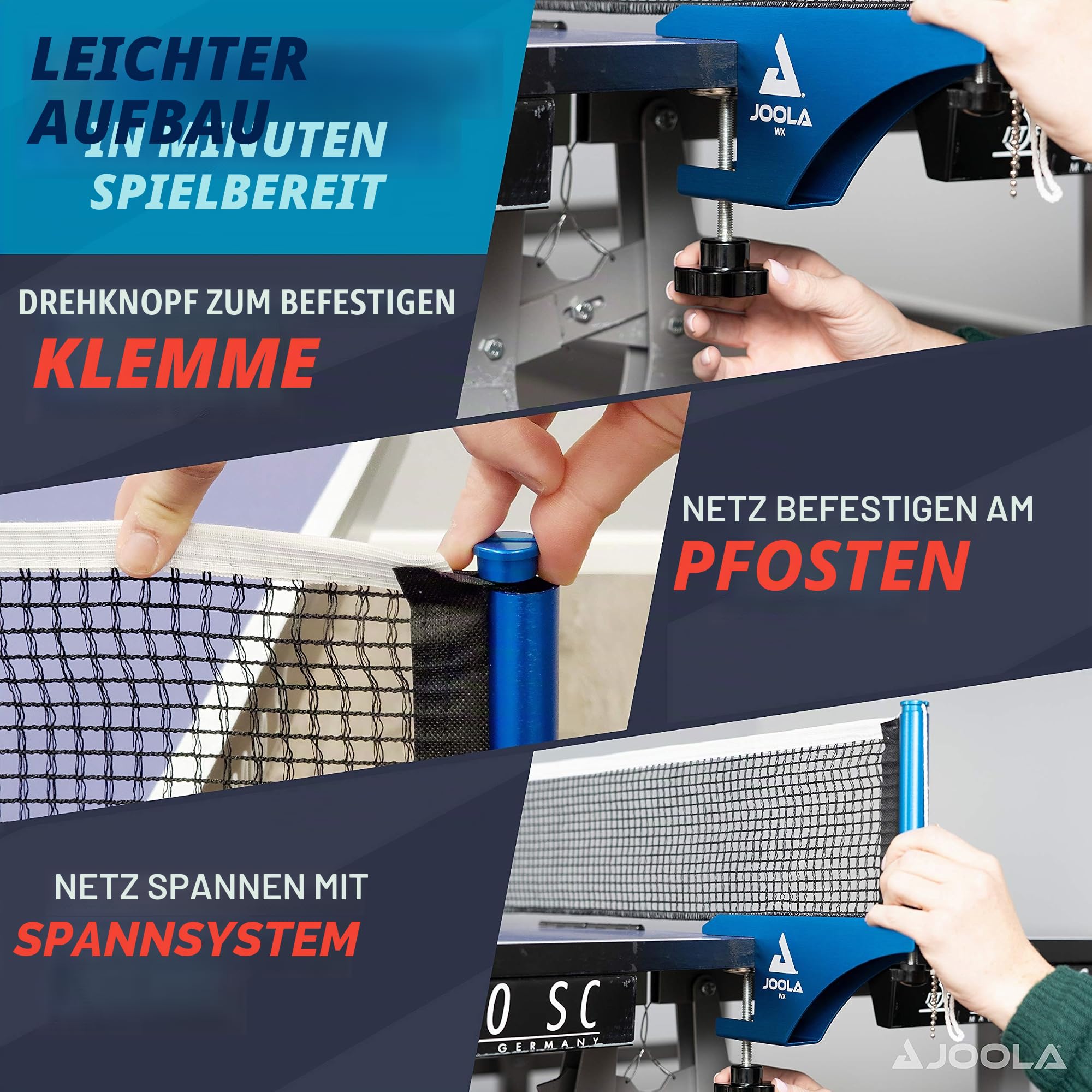 JOOLA Tischtennisnetz WX Aluminium Tischtennisnetz-Garnitur für Indoor/Outdoor Tischtennisplatten | Verstärkter Baumwollgarn mit Höhenverstellschraube Blau eloxiert 183 cm x 15,25 cm