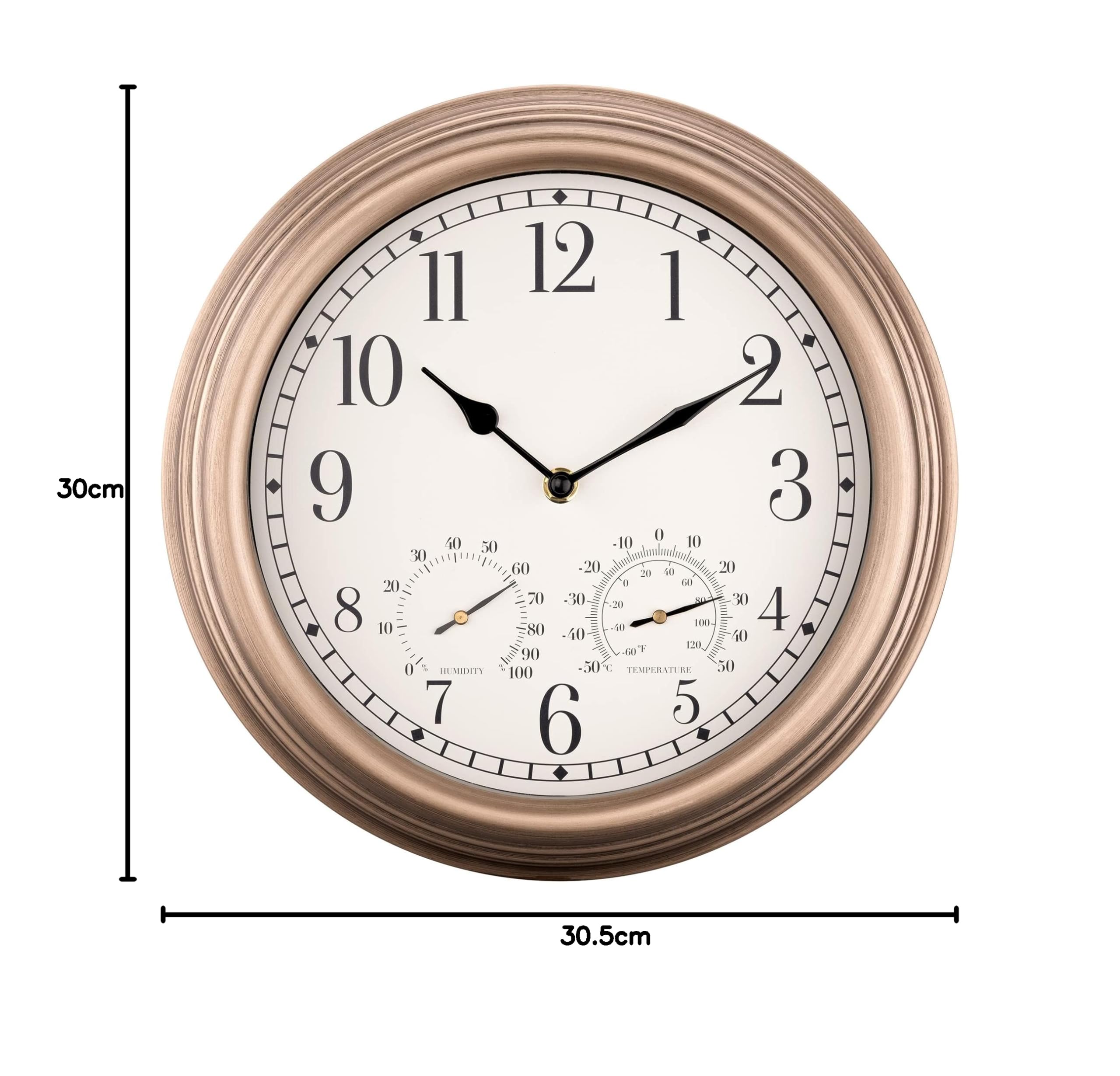 Navaris Orologio Parete Esterna - Orologio Impermeabile con Termometro Igrometro Rilevazione umidità - Orologio Silenzioso Senza Ticchettio Ø30,5cm