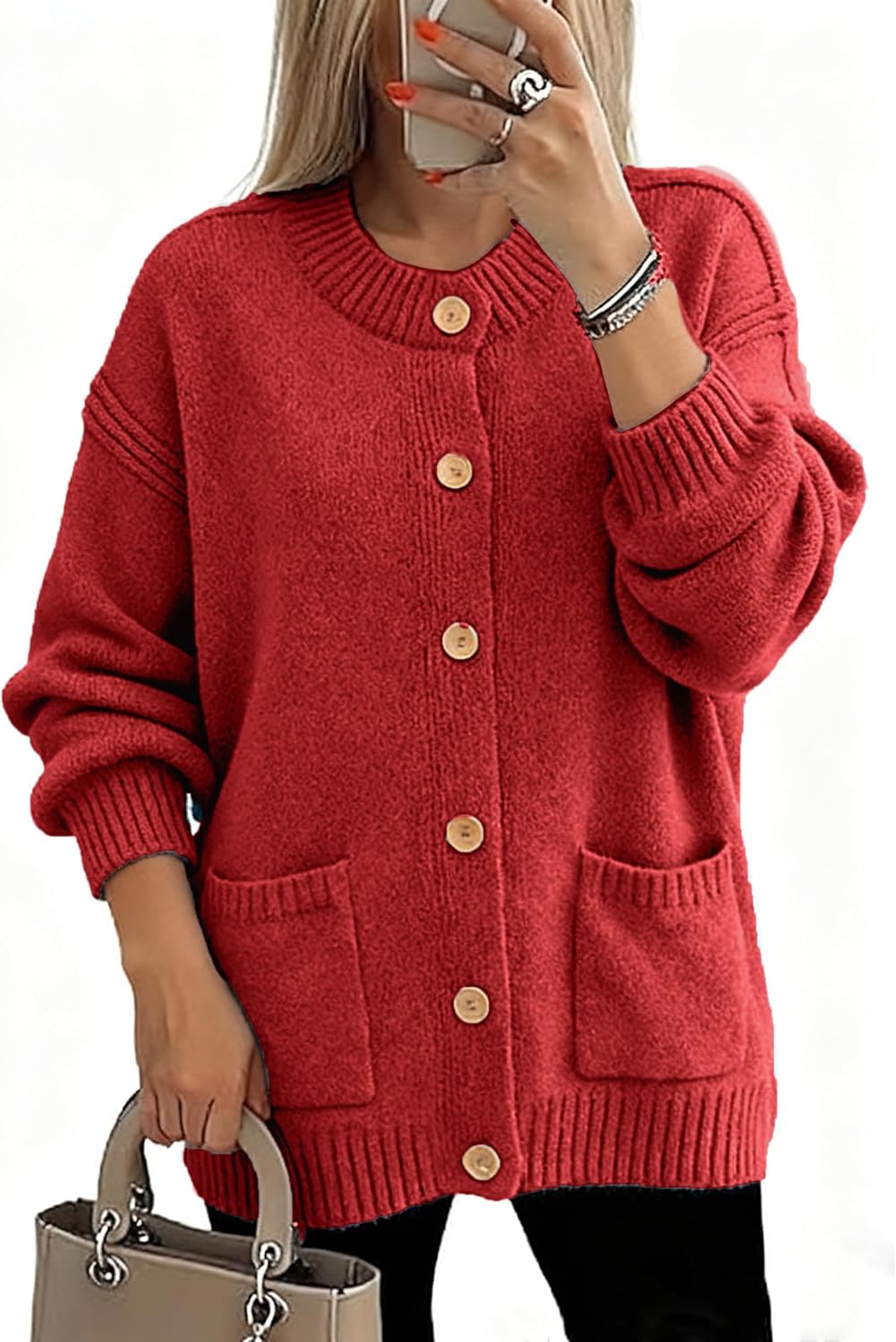 Glamaker Womens Fall Cardigans Sweaters Chunky Button Up Crew Neck Fuzzy Knit Long Sleeve Open Front Sweater Jacket