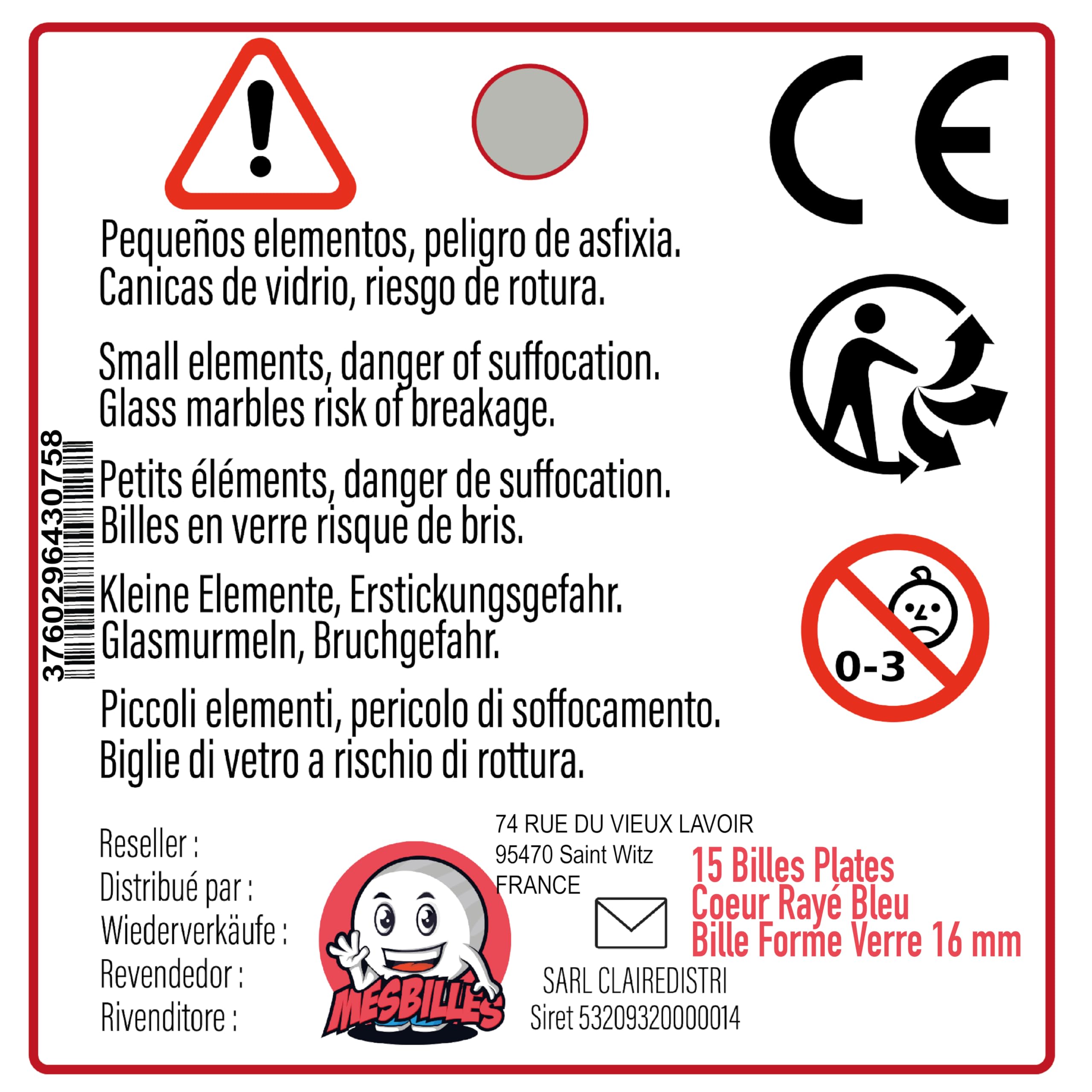 15 Billes Plates Cœur Rayé Rouge - Bille En Verre 16 Mm - Mesbilles