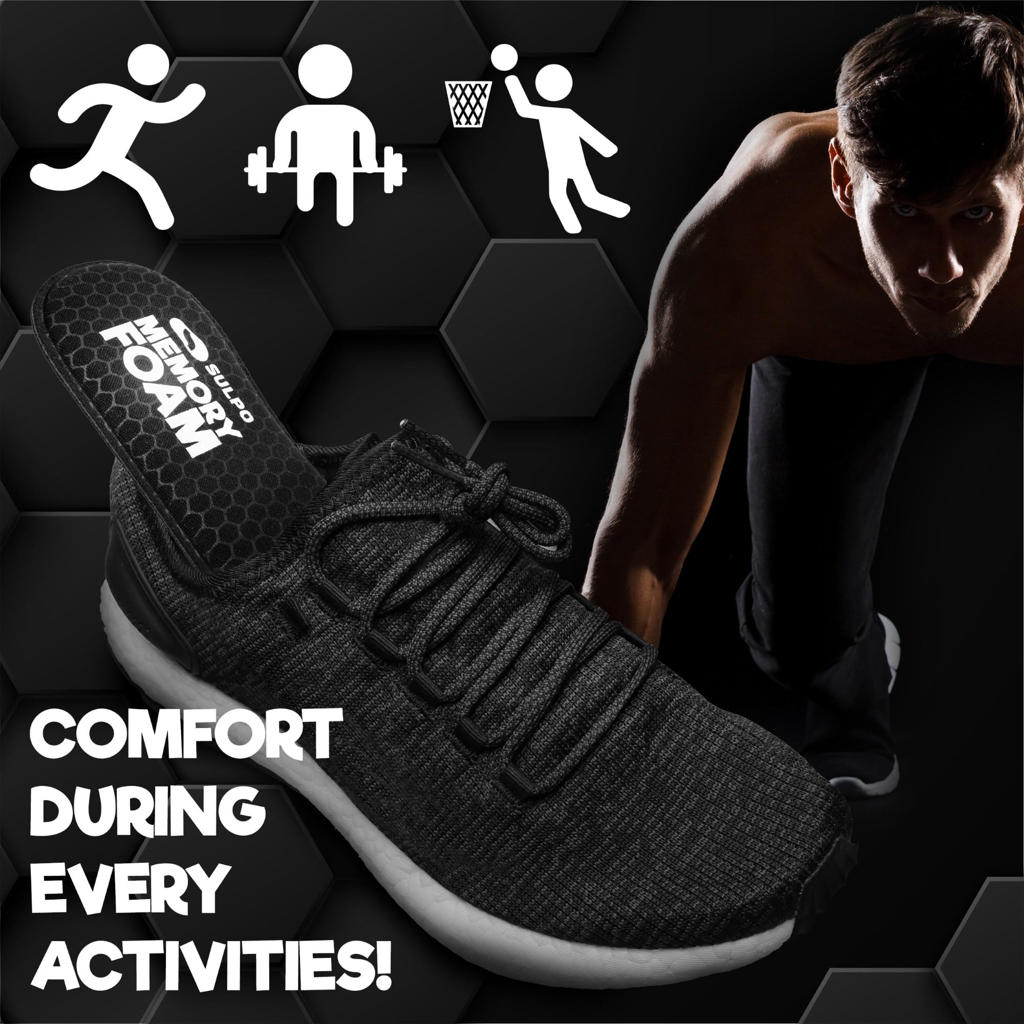 SULPO Wkładki z Pianki Memory Foam - Miękkie, Komfortowe i Cienkie Wkładki Dla Mężczyzn i Kobiet do Sneakerów i Butów Sportowych, Wspierające Komfort Stóp i Dopasowanie Rozmiar 44