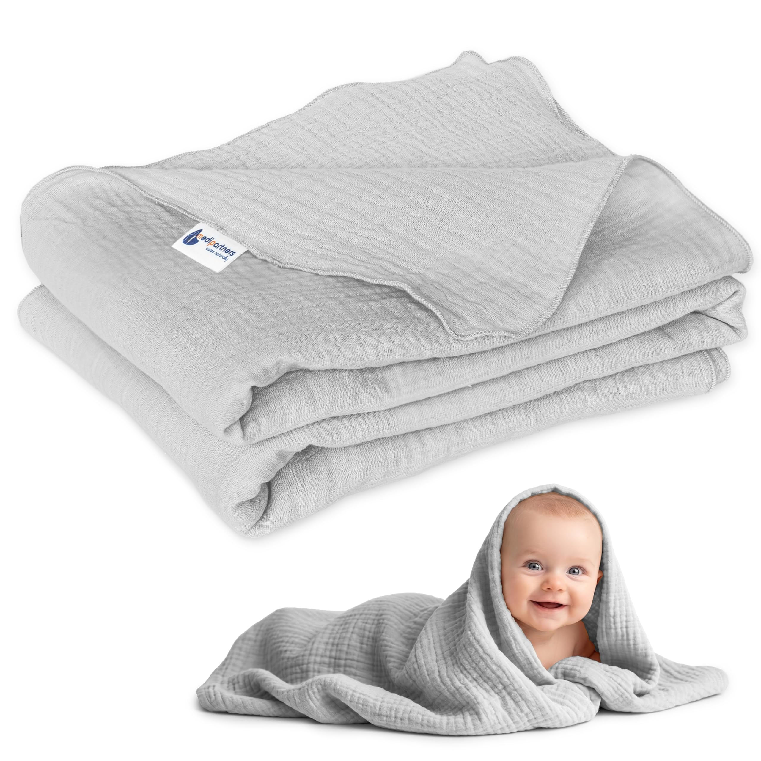 Medi Partners Muslin Baby Blanket 75 x 100 cm Baby Blanket Muslin Blanket Newborn - Thin Cuddly Blanket Summer Baby Blankets for Toddlers Crawling Blanket Children's Bed Pram (Grey)