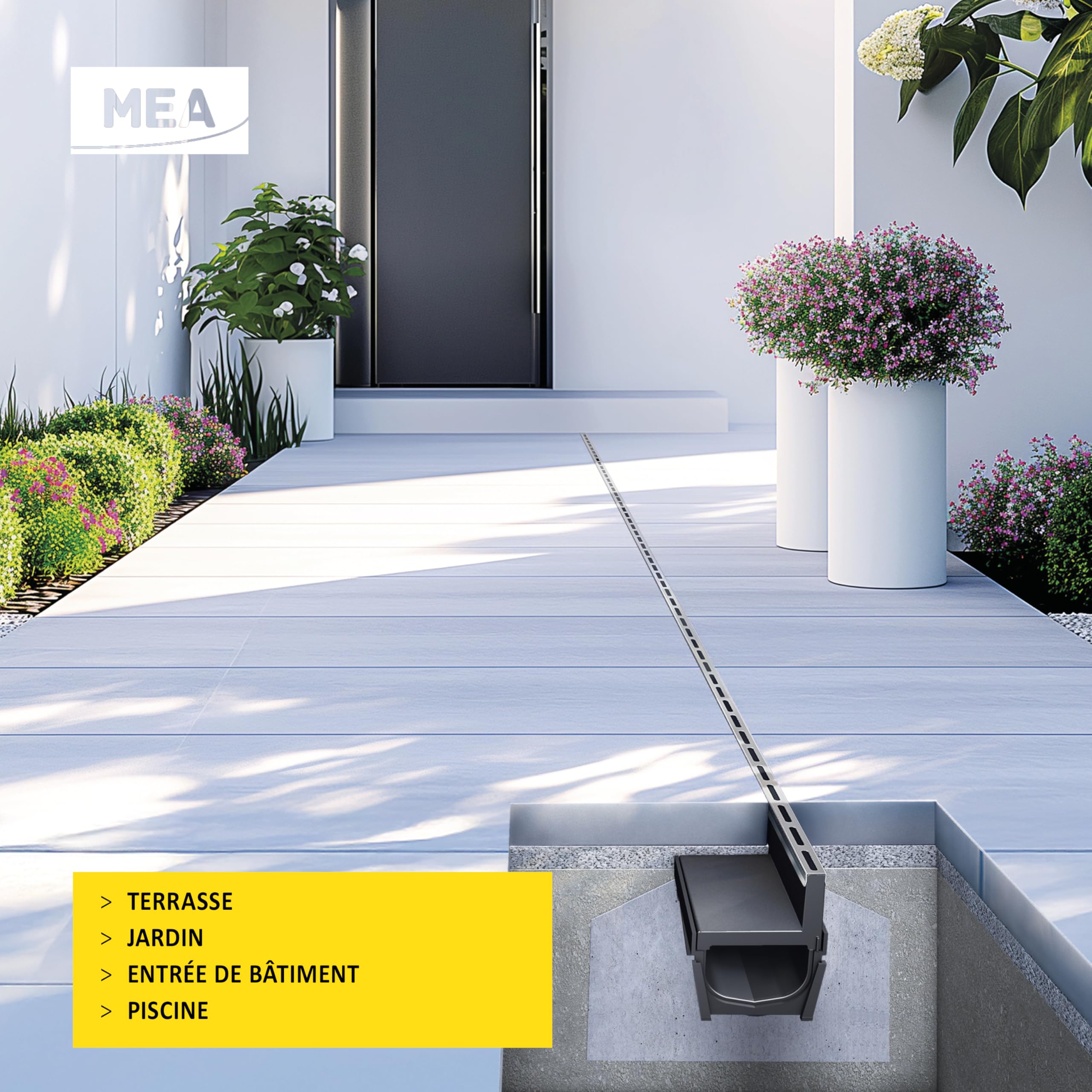 MEA Pack de 9 Caniveaux Extérieurs MEAPARK – Grille à Fente en PP Recyclé + Profil E-Blade R en INOX – Drainage Terrasse, Piscine, Jardin – Classe A15 Piéton – Largeur utile 10 cm