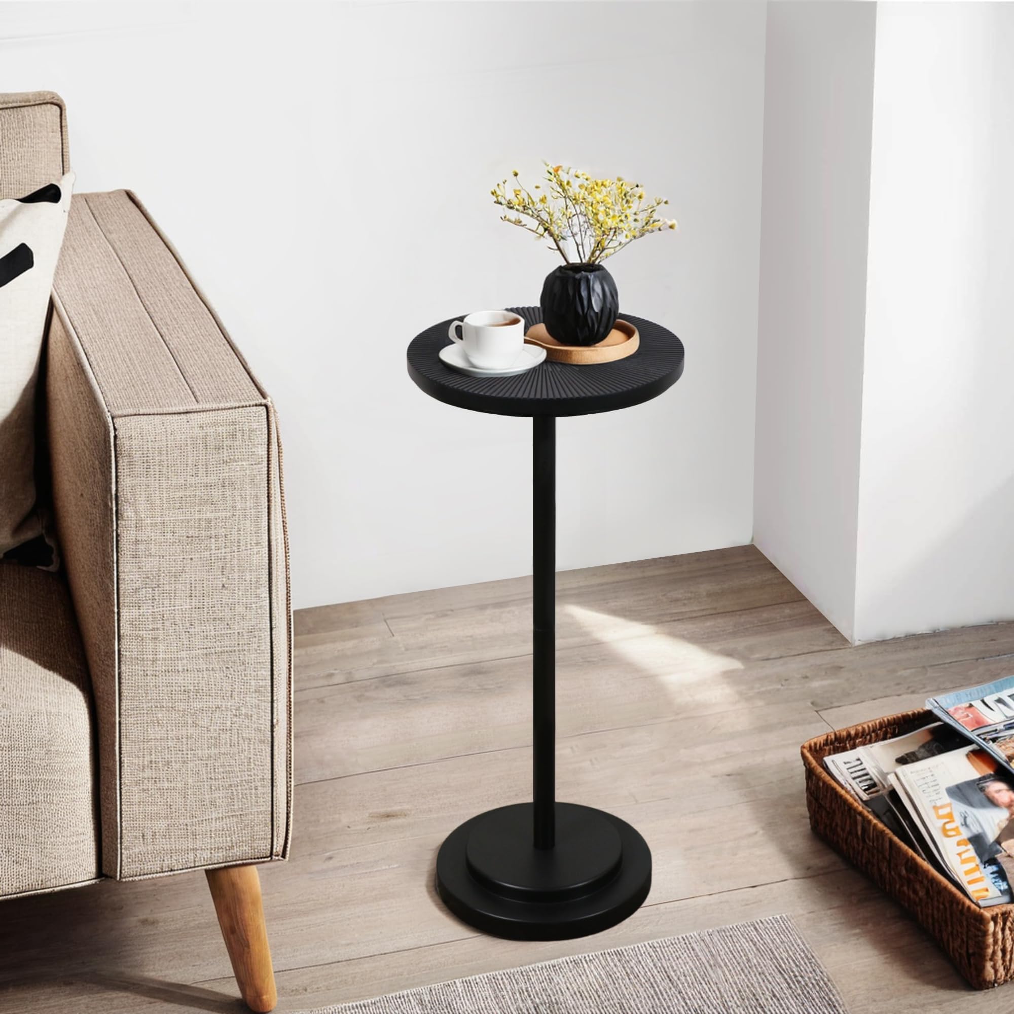 COVLON Drink Table, Carved Table Top Martini Table, Small Side Table, Weighted Base Pedestal Table for Living Room, Bedroom, Small Space, Modern, Black