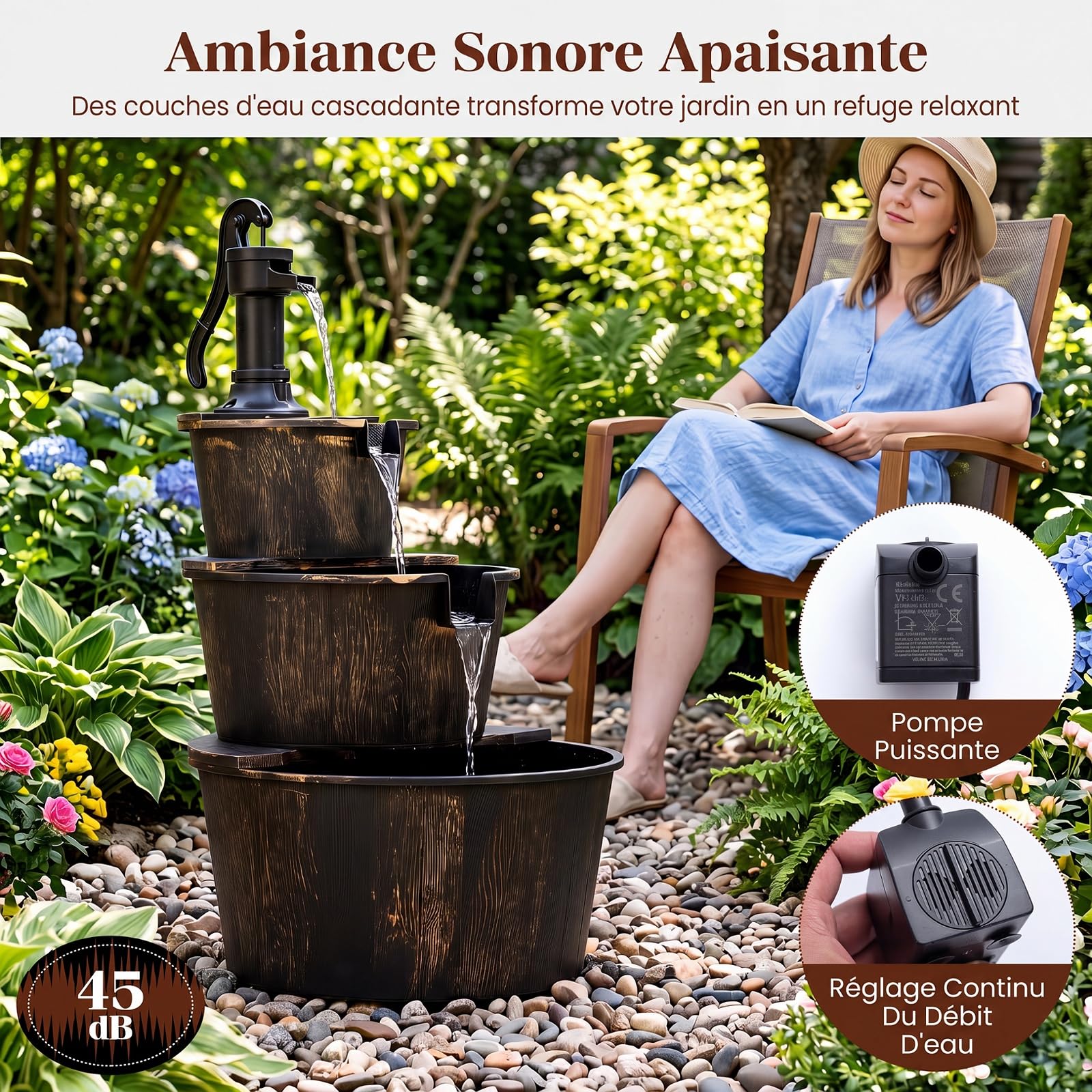 COSTWAY Fontaine de Jardin à 3 Niveaux en Baril avec Pompe Réglable