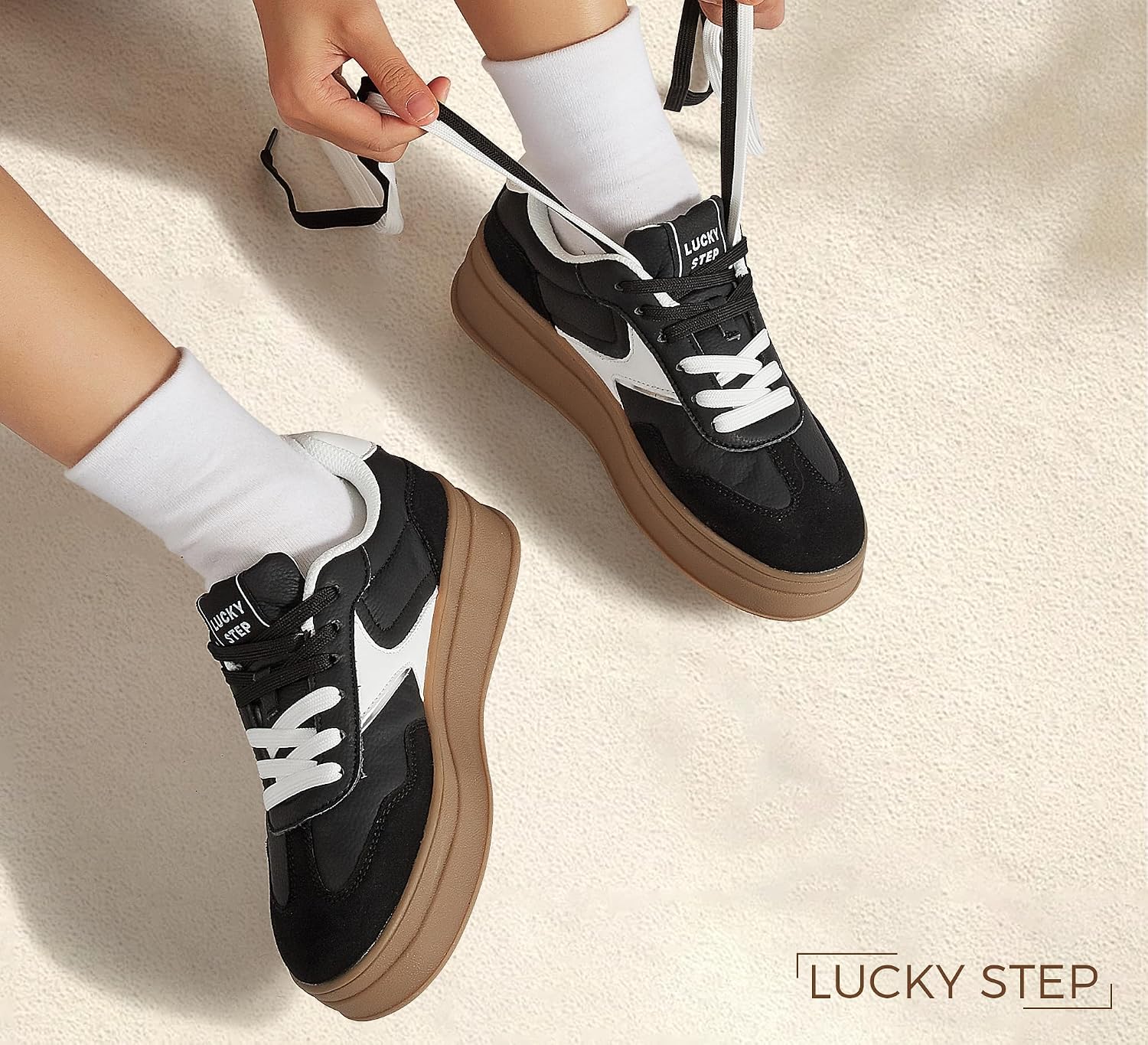 LUCKY STEP Platform Retro Sneakers for Women Fashion Casual Gum Thick Sole Rubber Sole Comfort Skate Tennis Footwear Chunky Trainer Walking Shoes