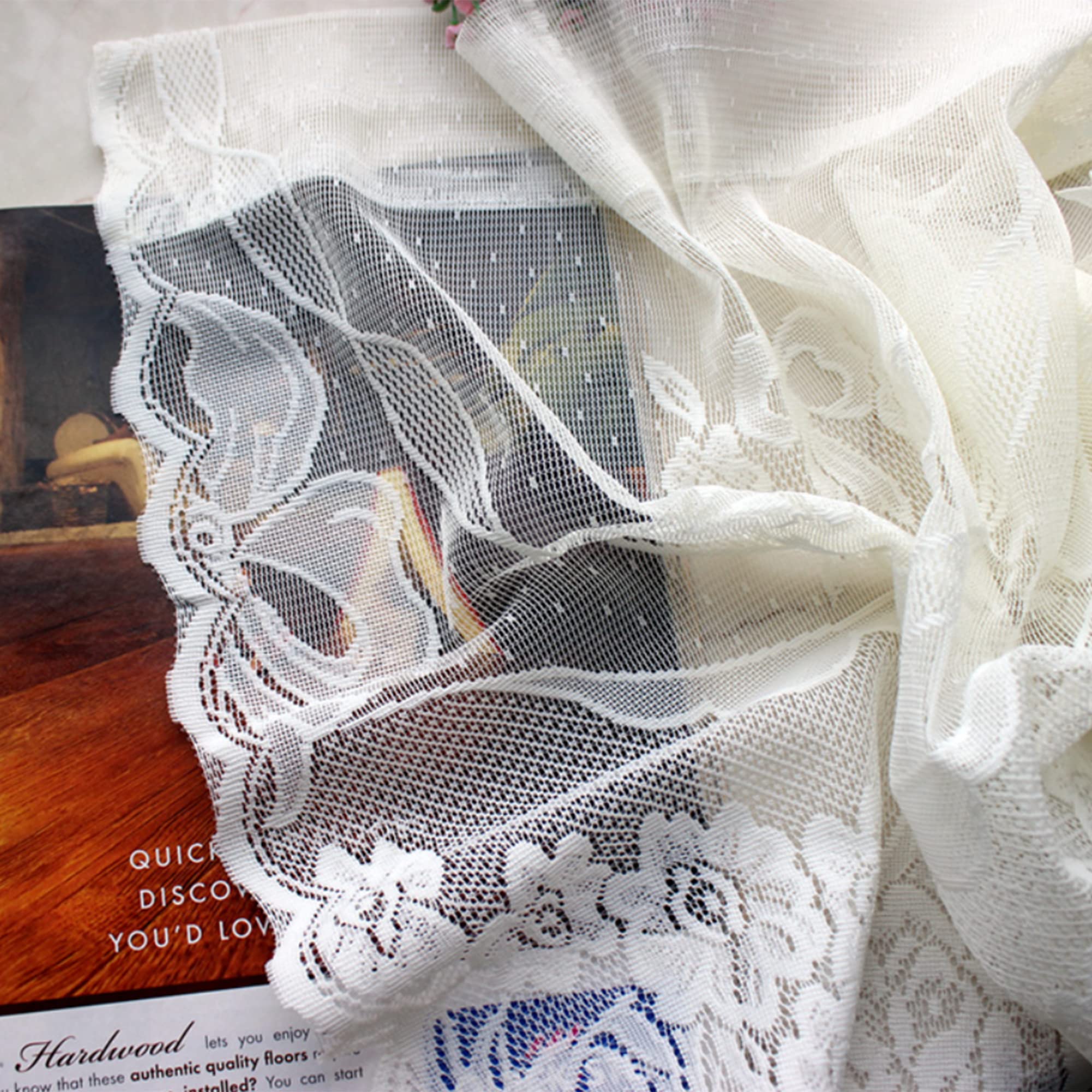 Yaland Tendina in cotone con ricamo, motivo floreale, tenda da bistrò, tenda da cucina, con passante, per piccole finestre, 1 pezzo, bianco, altezza x larghezza 30 x 90 cm