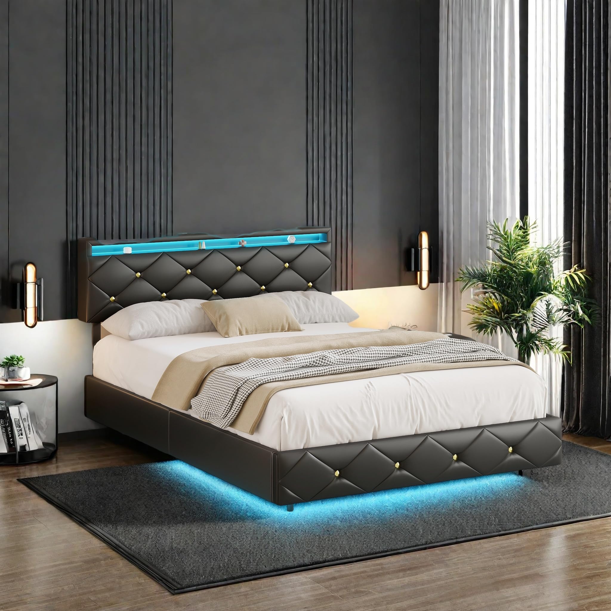 FreeWind Letto imbottito 160 x 200 cm, letto sospeso con illuminazione a LED, letto matrimoniale con presa USB e tipo C, struttura del letto con testiera e rete a doghe in poliuretano, colore nero