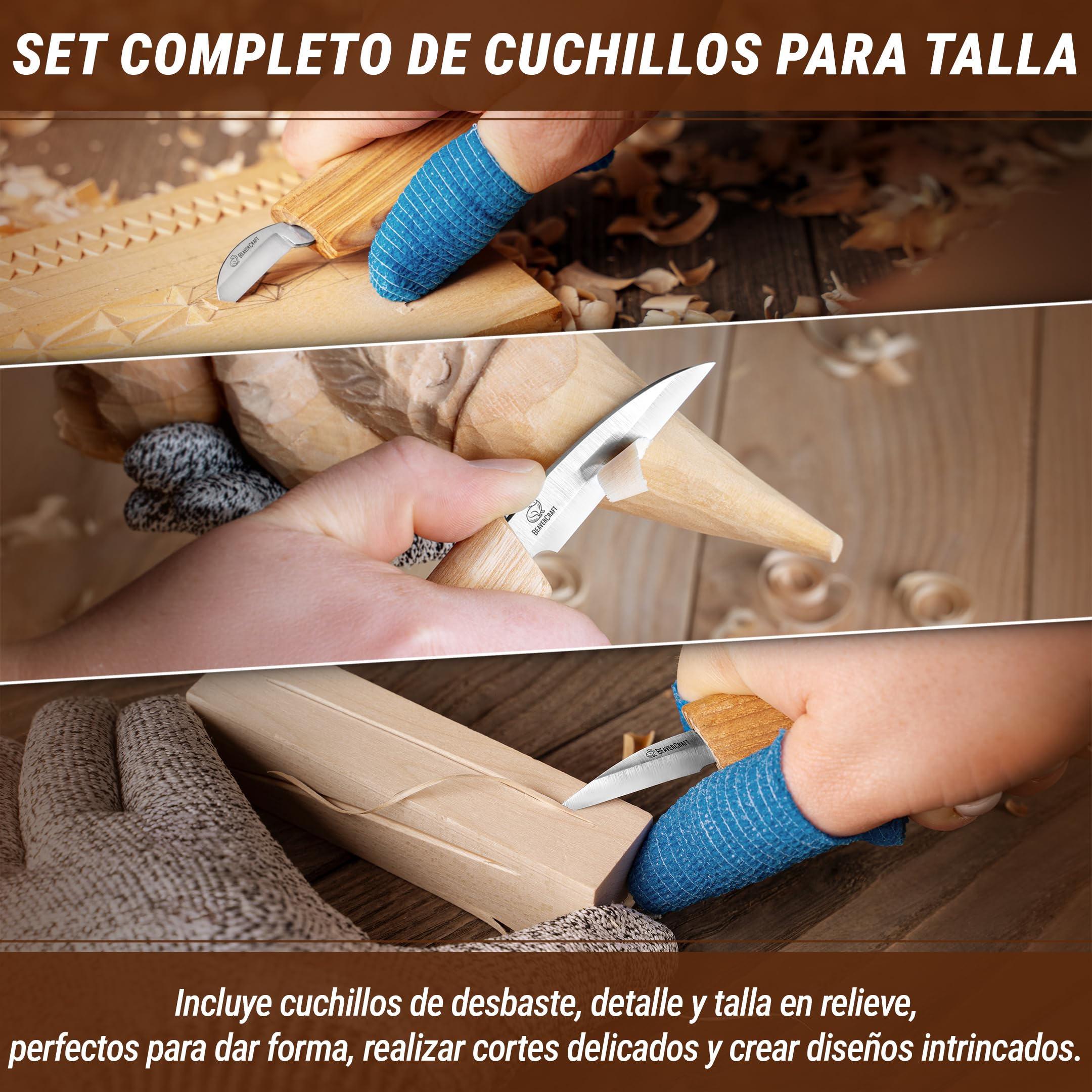 BeaverCraft Kit Cuchillos Tallado Madera S15 – Kit Whittling para Principiantes y Niños, Con Cuchillo Detalle Sloyd, Correa de Cuero, Compuesto de Pulido y Tutoriales