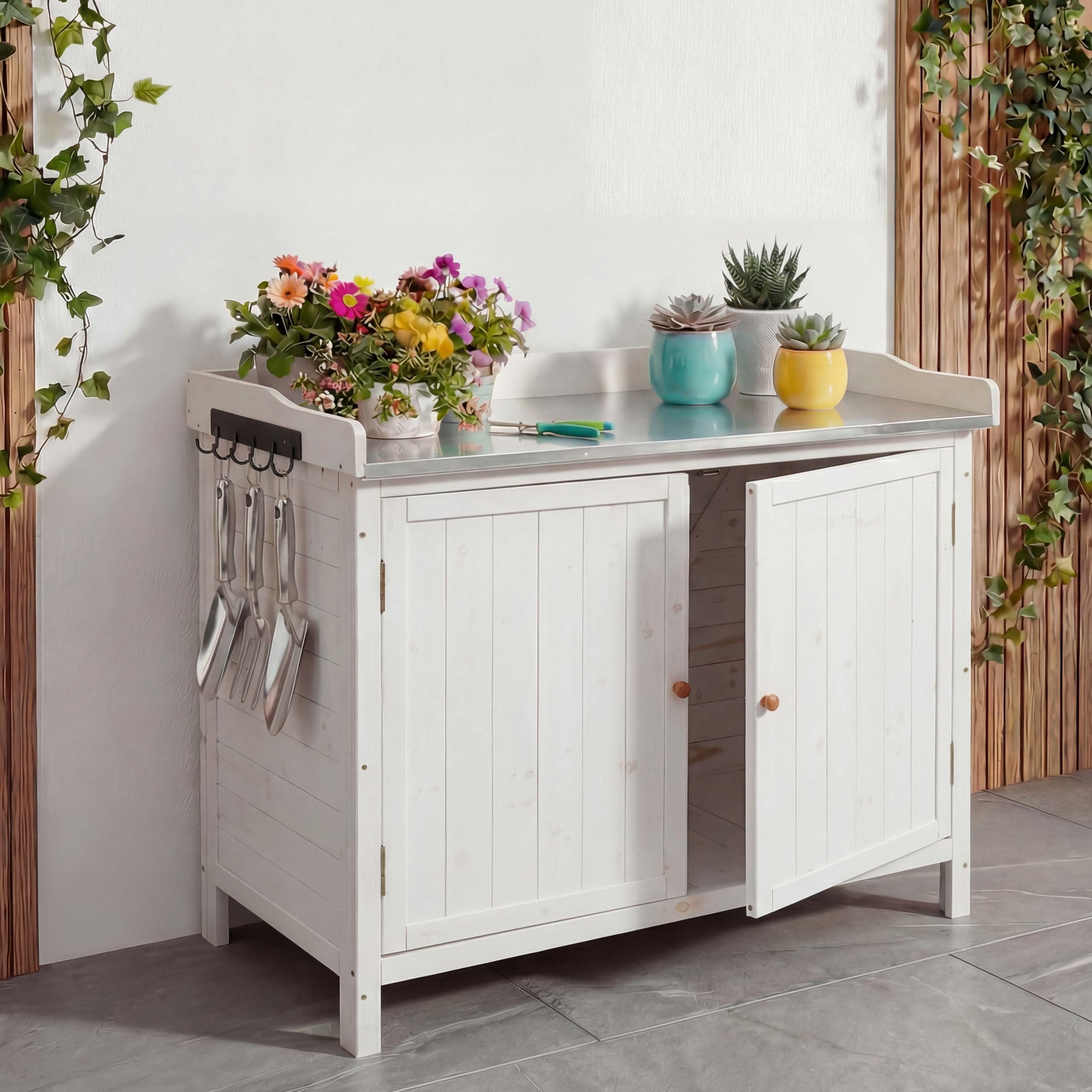 Mendler Gartenschrank mit Arbeitsplatte HWC-L69, Pflanztisch, Outdoor Tanne Holz FSC®-Zertifiziert 86x104x52cm - weiß