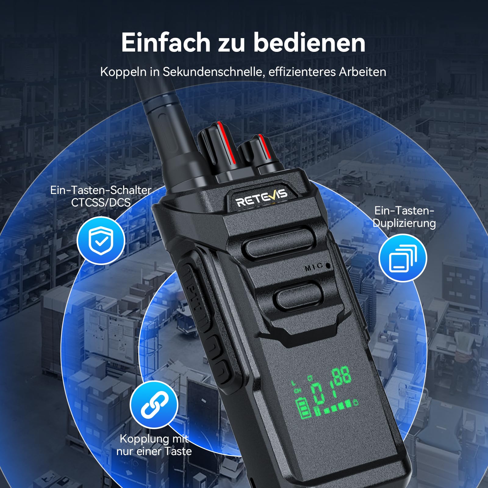 Retevis RT648H Walkie Talkie mit 6-Wege-Ladung, PMR446 Funkgerät 3-Proof, Schnellladung, Integriertem Display, 1500 mAh, Professionelles 2-Wege-Radio für Schulen, Hotels (6er-Pack)