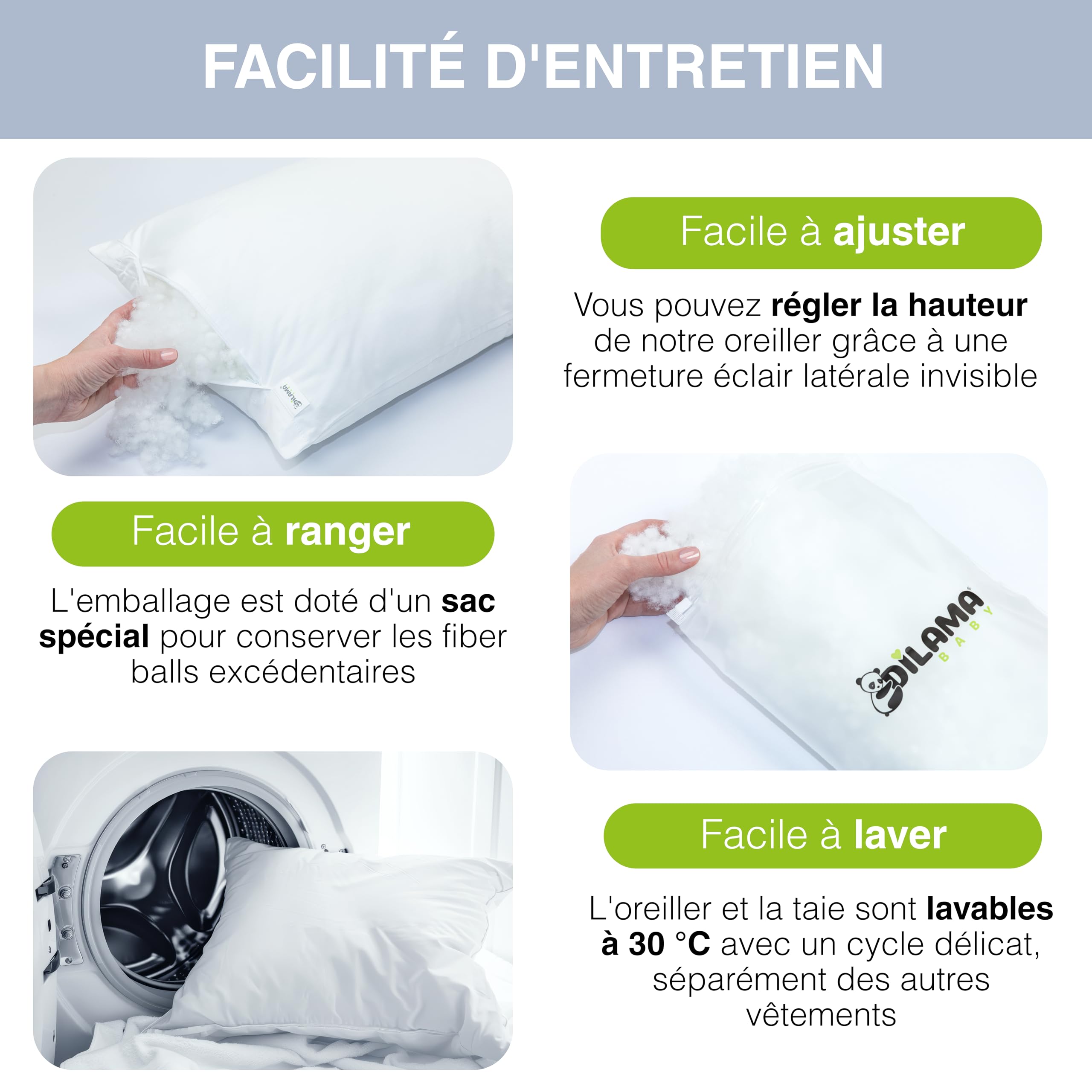 Dilamababy - Coussin Enfant Évolutif - Hauteur Réglable - Oreiller Enfant 40x60 Moelleux Adapté dès 1 an, 2, 3 Ans jusqu'à 6 - Hypoallergénique, Anti Acarien, Oeko-TEX - Made in Italy