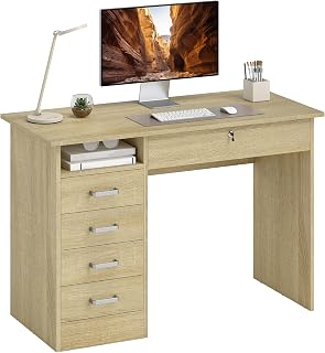 HOMCOM Computer Desk with Large Tray, 5 Drawers, 1 Open Compartment, Lockable Drawer, Modern 110 x 50 x 76 cm, Oak