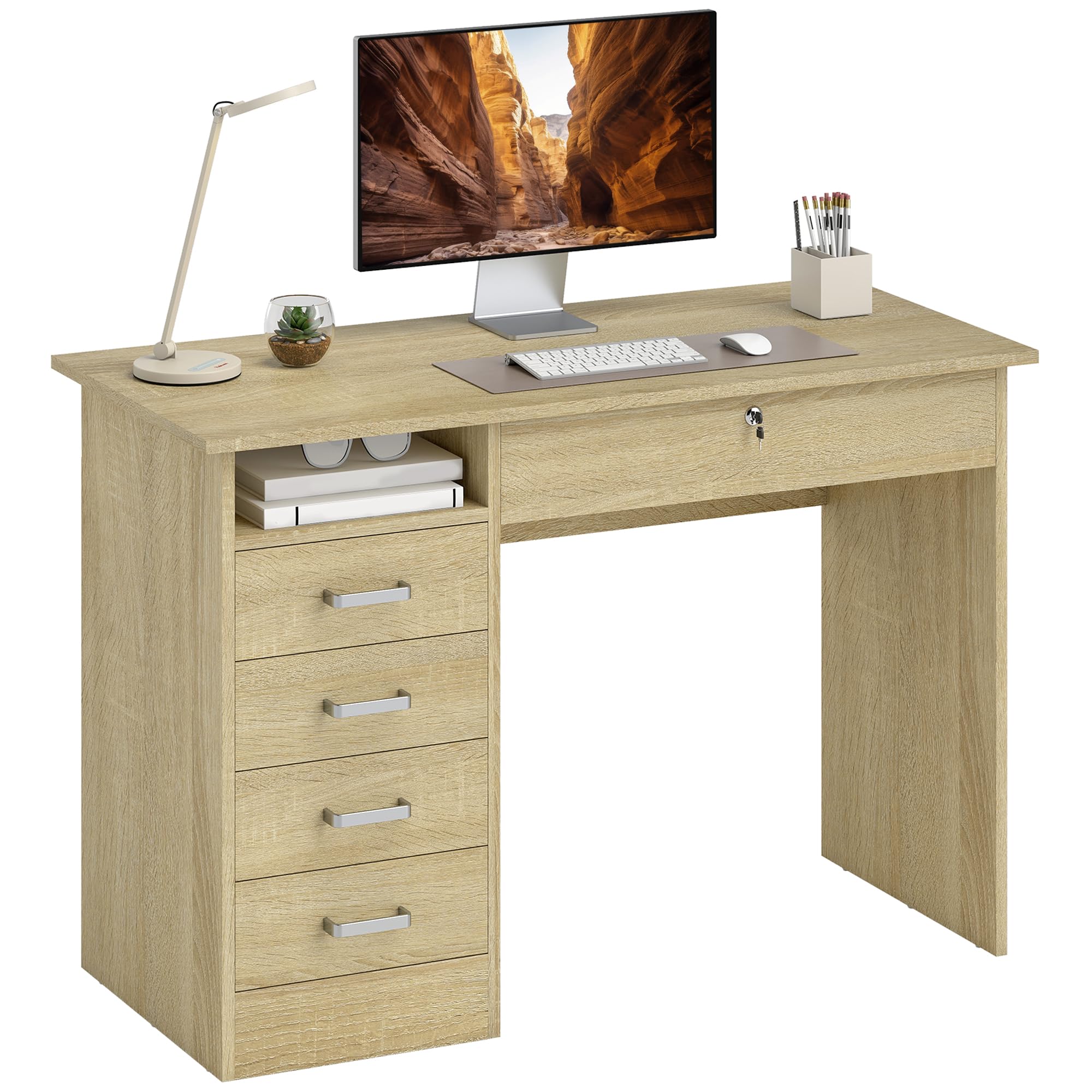 HOMCOM Tavolo per computer moderno con 5 cassetti, ampio piano, 1 scomparto aperto, cassetto con serratura, 110 x 50 x 76 cm, rovere