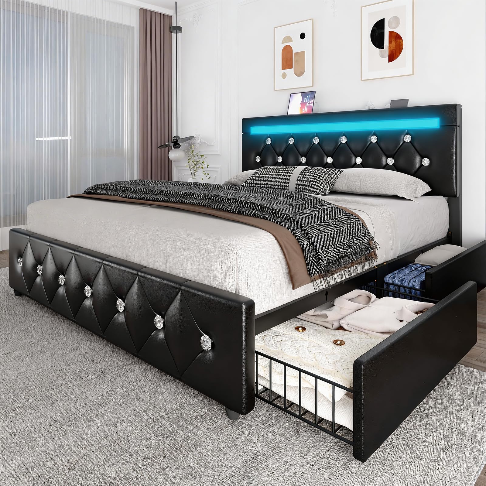 queen size bed frame, storage bed with 4 drawers and adjustable headboard, upholstered platform bed with handy charging station and led light, noise free, easy assembly, no box spring needed, black(incomplete)