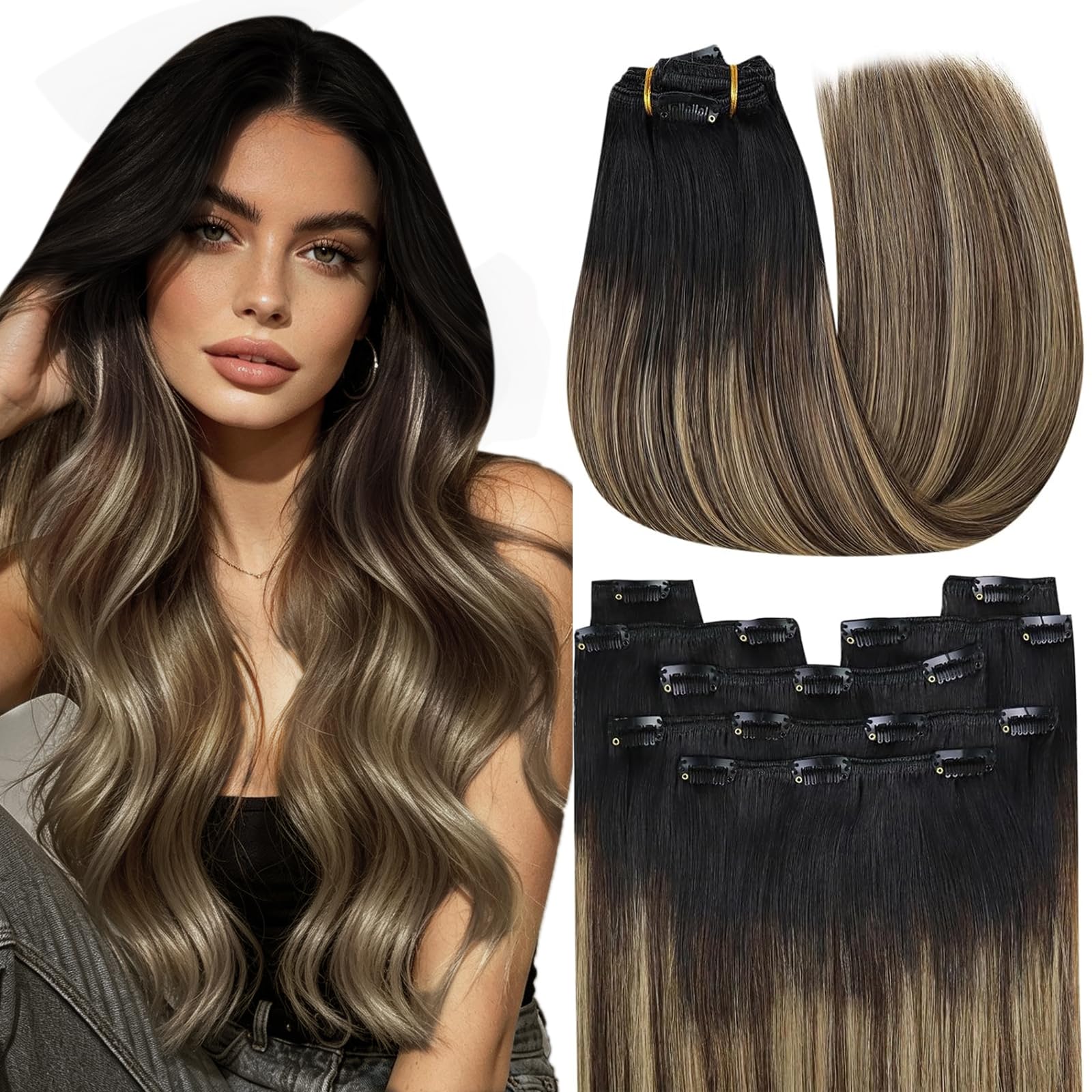 YoungSee Extension Cheveux Naturel Clip Noir Ombre Blond Extension Cheveux Clip Humain 7pcs 50cm Rajout Clips Naturel Noir à Brun Fonce Balayage Blond 20 Pouces 120g /1B/4/27 20 Pouces