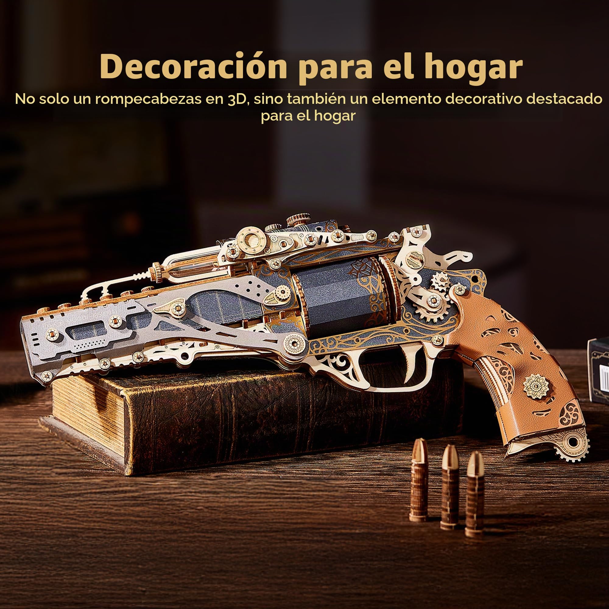 FUNPOLA Puzzle 3D de Madera Revólver Steampunk – Kit de Montaje DIY de revólver mecánico, Regalo Creativo y único para Adultos y Adolescentes (Negro)
