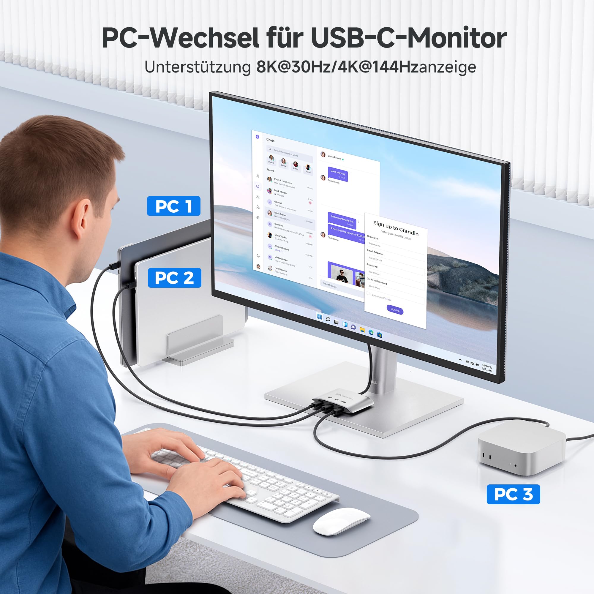 Cable Matters 20G USB C Switch, 3-in-1 Ausgang, 8K@30Hz Windows/4K@60Hz macOS, 140W PD, zum Teilen eines USB C oder Thunderbolt 4 Monitors (nicht für feste Kabeldocks)