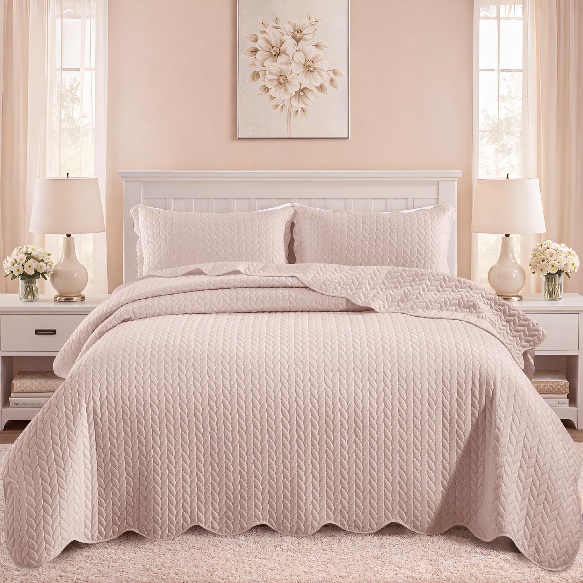 California King Quilt Set Bedspread Bedding Leaf Baby Pink 118x106