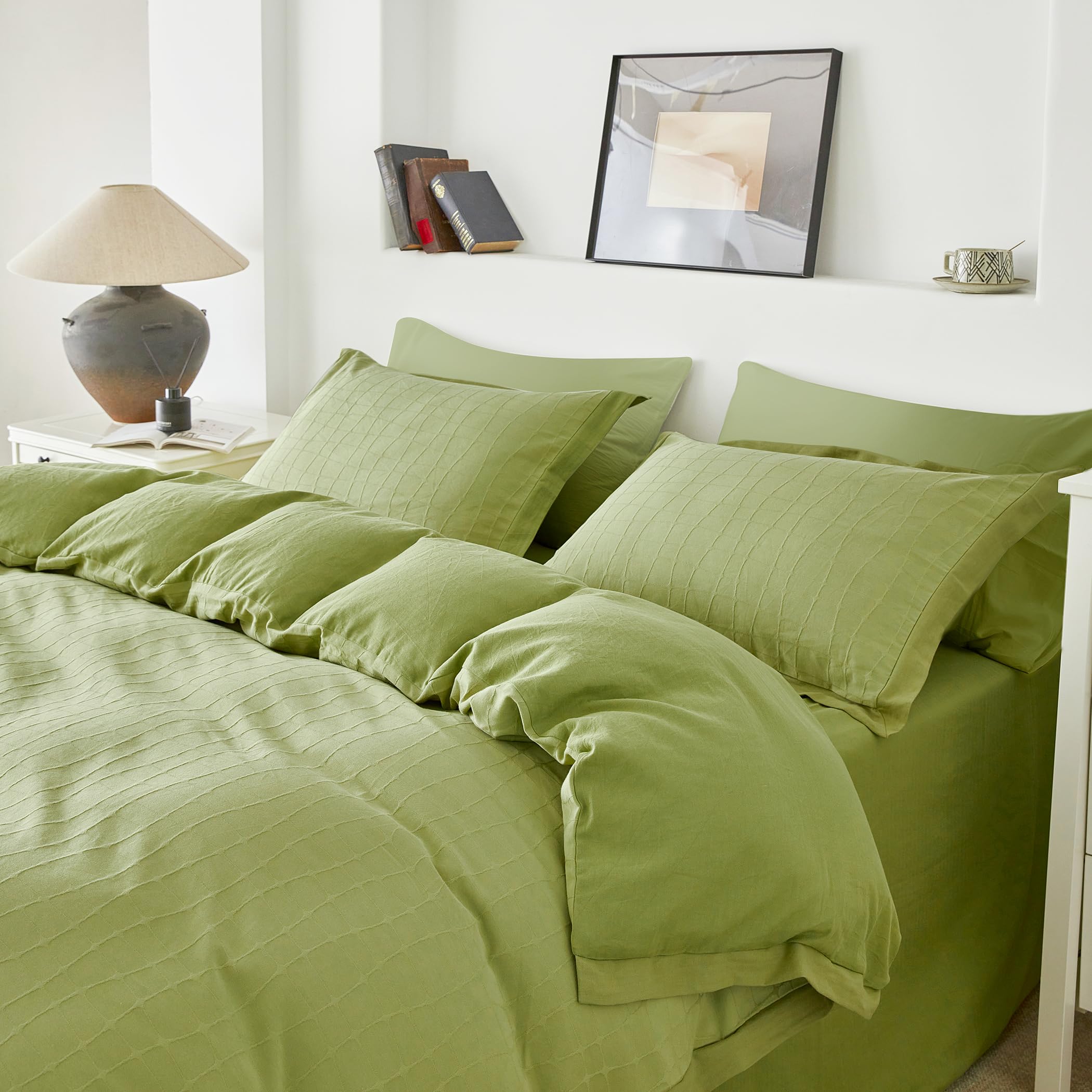 SUSYBAO Jacquard Checkered Duvet Cover Queen 100% Cotton 3 Pieces Set 1 Avocado Green Textured Duvet Cover with Zipper Ties 2 Pillow Shams Ultra Soft Green Hemmed Plaid Bedding Set