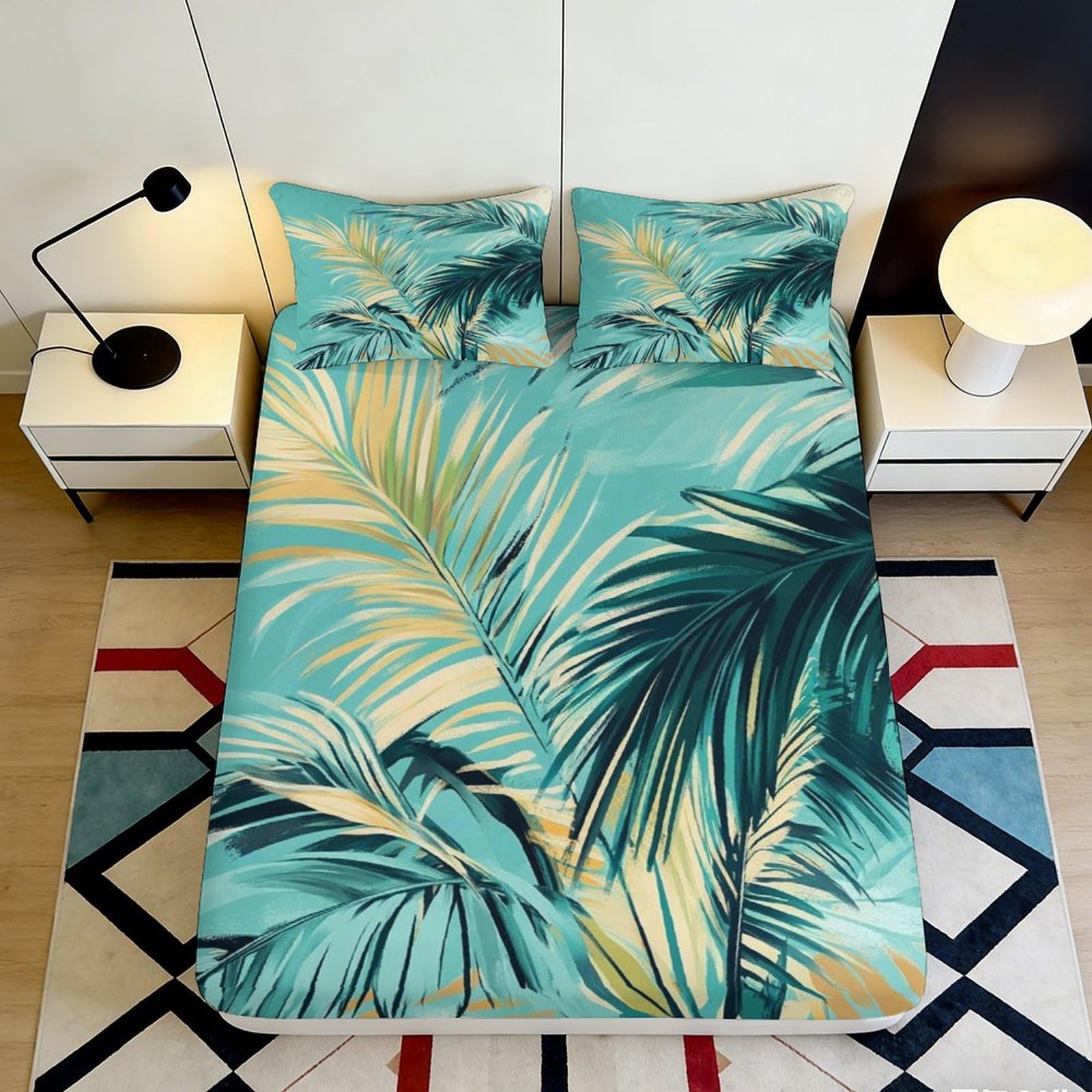 Pnayamiorkfel Style-7 3D Printed Tropical Palm Leaves Fitted Sheet Microfiber Soft Mattress Cover Green Botanical Bed Decor Bedroom 90X200x25cm