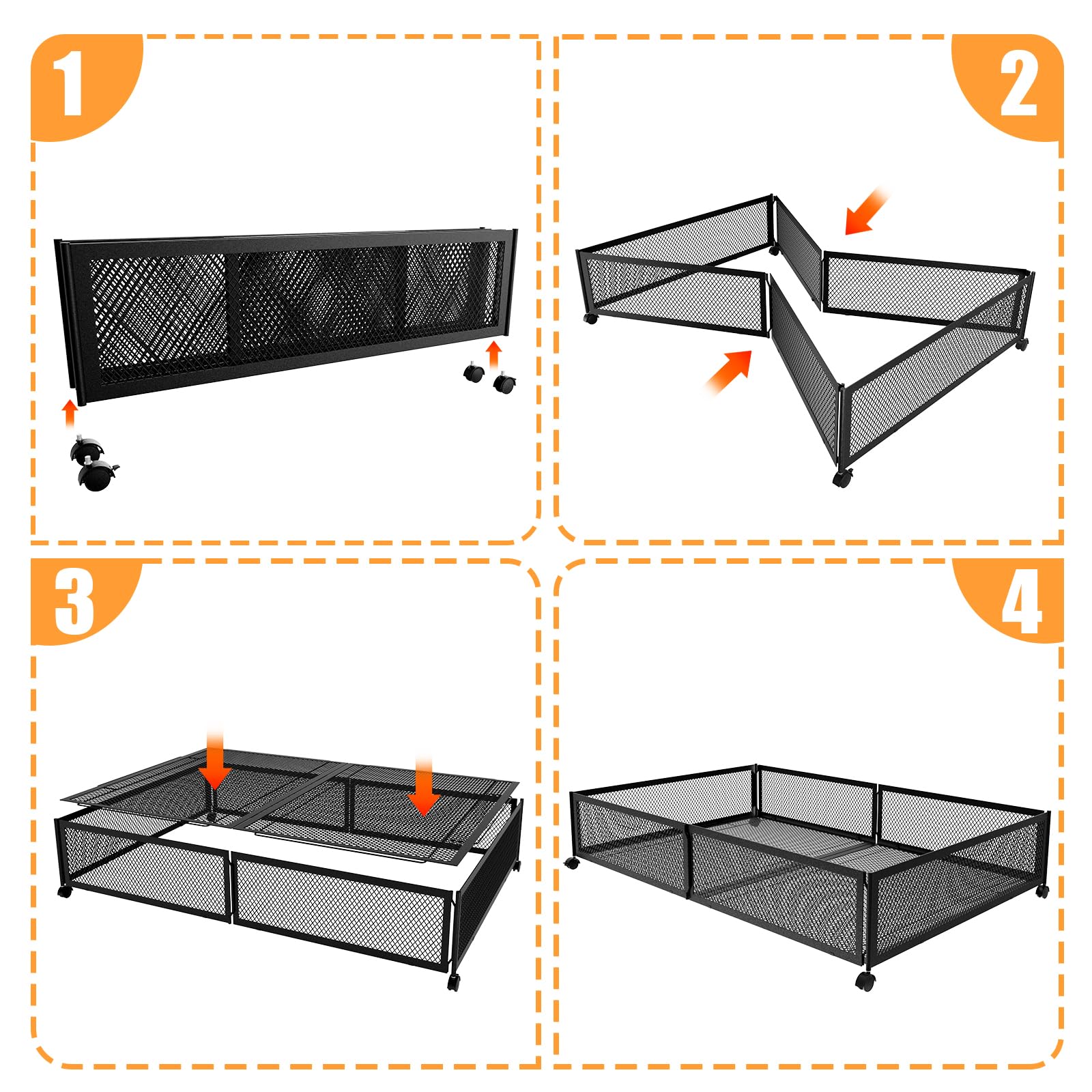 Dunatou Under Bed Storage Under the Bed Storage Containers with Wheels Under Bed Shoe Storage Organizer Drawer Tool-free Assembly Metal Containers for Bedroom Clothes Shoes Blankets (Pack of 2, Black)