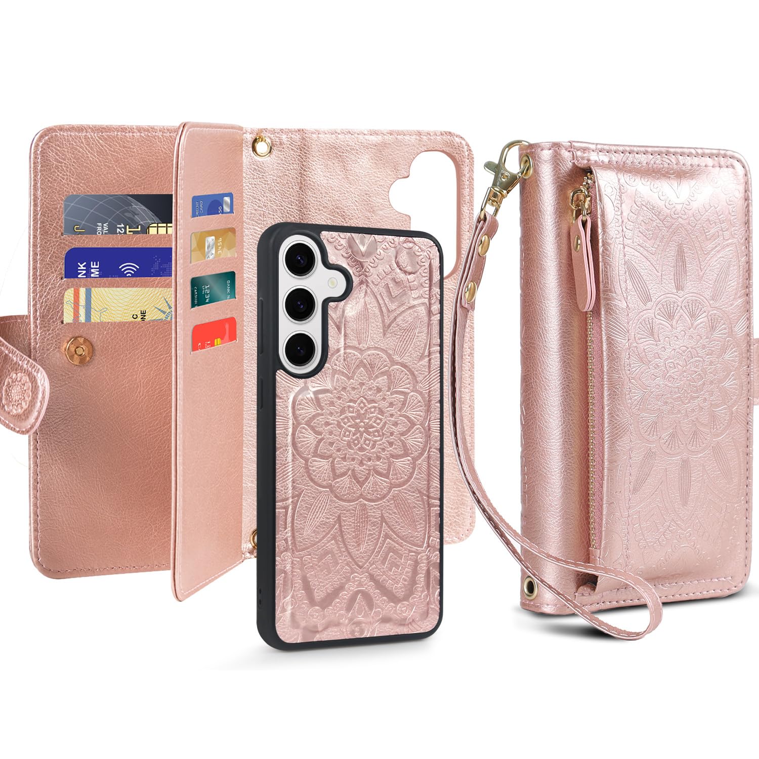 Harryshell Compatible with Samsung Galaxy S25 Wallet Detachable Magnetic Phone Case Wireless Charging [RFID Blocking] Card Slots, Cash Zipper Pocket