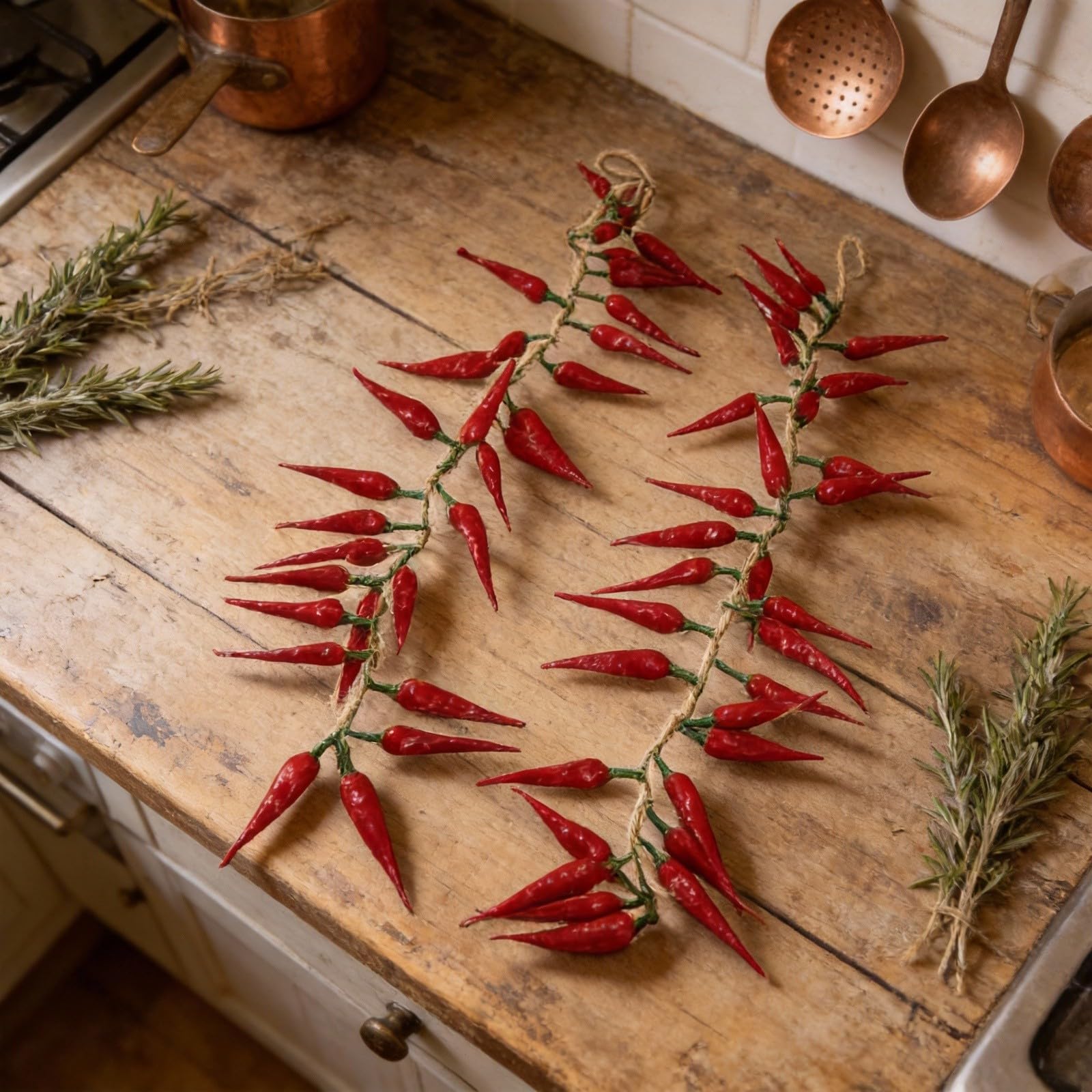 Confezione da 5 corde da appendere al peperoncino artificiale, 50-55 cm, finti peperoni rossi e verdi, per decorazione della cucina di fattoria, oggetti di scena fotografici rustici