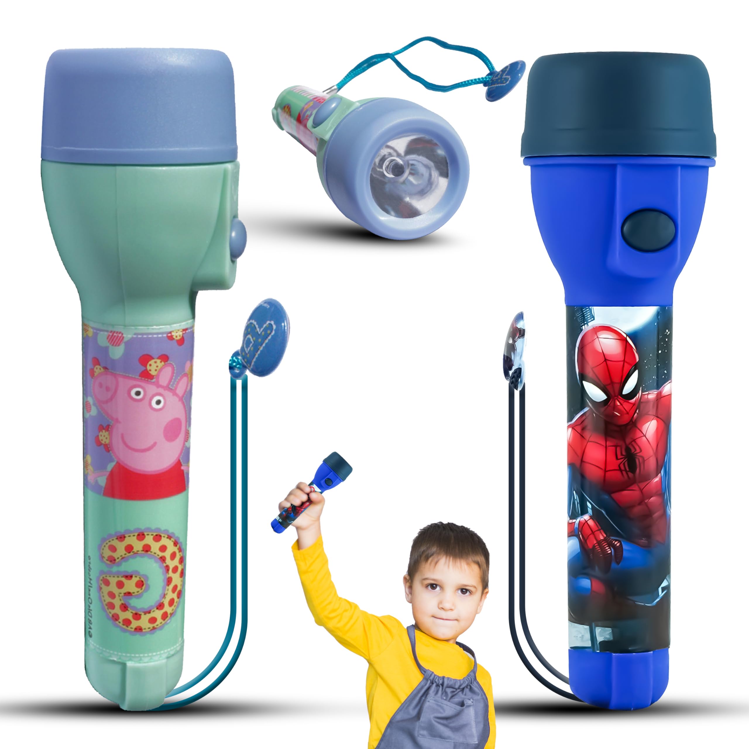 Srv Hub Peppa Pig + Spiderman 2Pcs Led Big Torches, Spiderman And Peppa Pig Handheld Torch For Children, 16Cm Non-Slip Flashlights Useable For Camping, Xmas, Fishing, Plastic Toy For Kids 3+ Years | Luminous Range: 3.5M