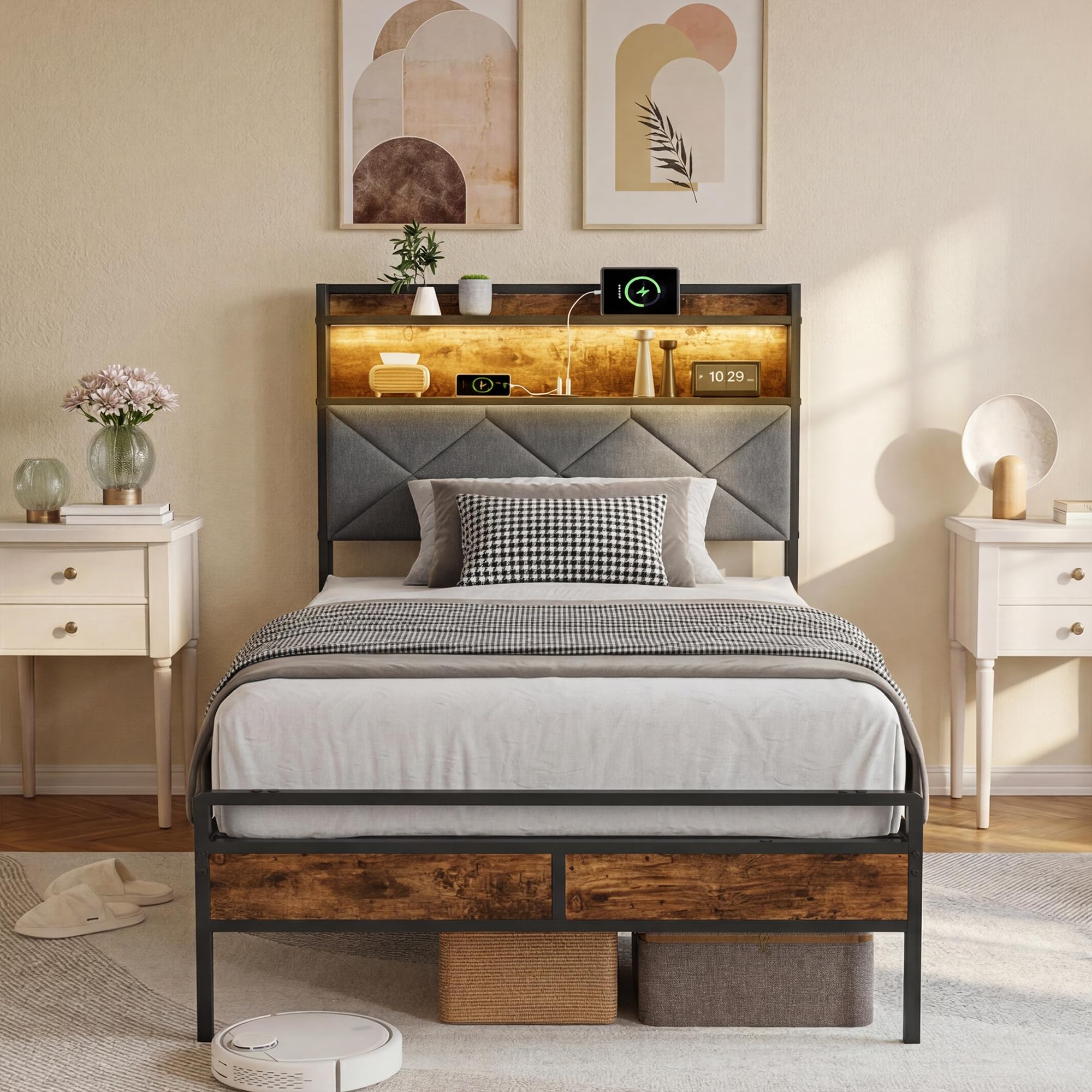 Bett 90x200 mit Metal Lattenrost, Metallbett mit Gepolstertem Kopfteil & Stauraum, Jugendbett,Polsterbett mit Leinenbezug, Doppelbett,ohne Matratze(Dunkelbraun F, 90x200 cm)
