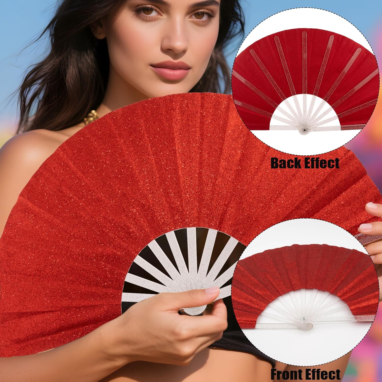 20PCS Large Handheld Rave Folding Fan for men/women,Foldable Decorative Fans,rave accessories,Used for Dance,Parties,Wedding,Music Festival, Decorations (Glitter Red)