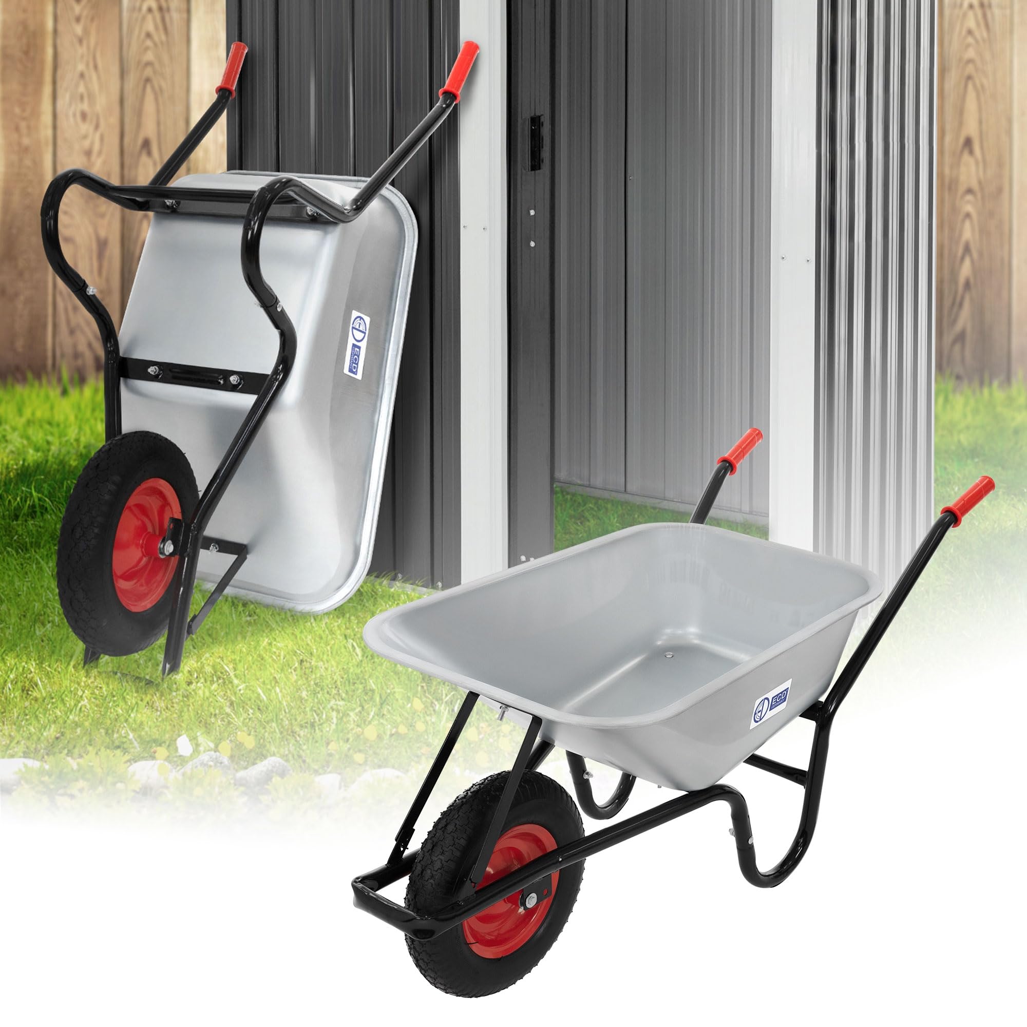 ECD Germany Construction and Construction Trolley with Galvanized Steel Bucket 100L Silver Load Capacity 250kg Trolley with Long Handles Trolley with Pneumatic Wheels and Metal Rim