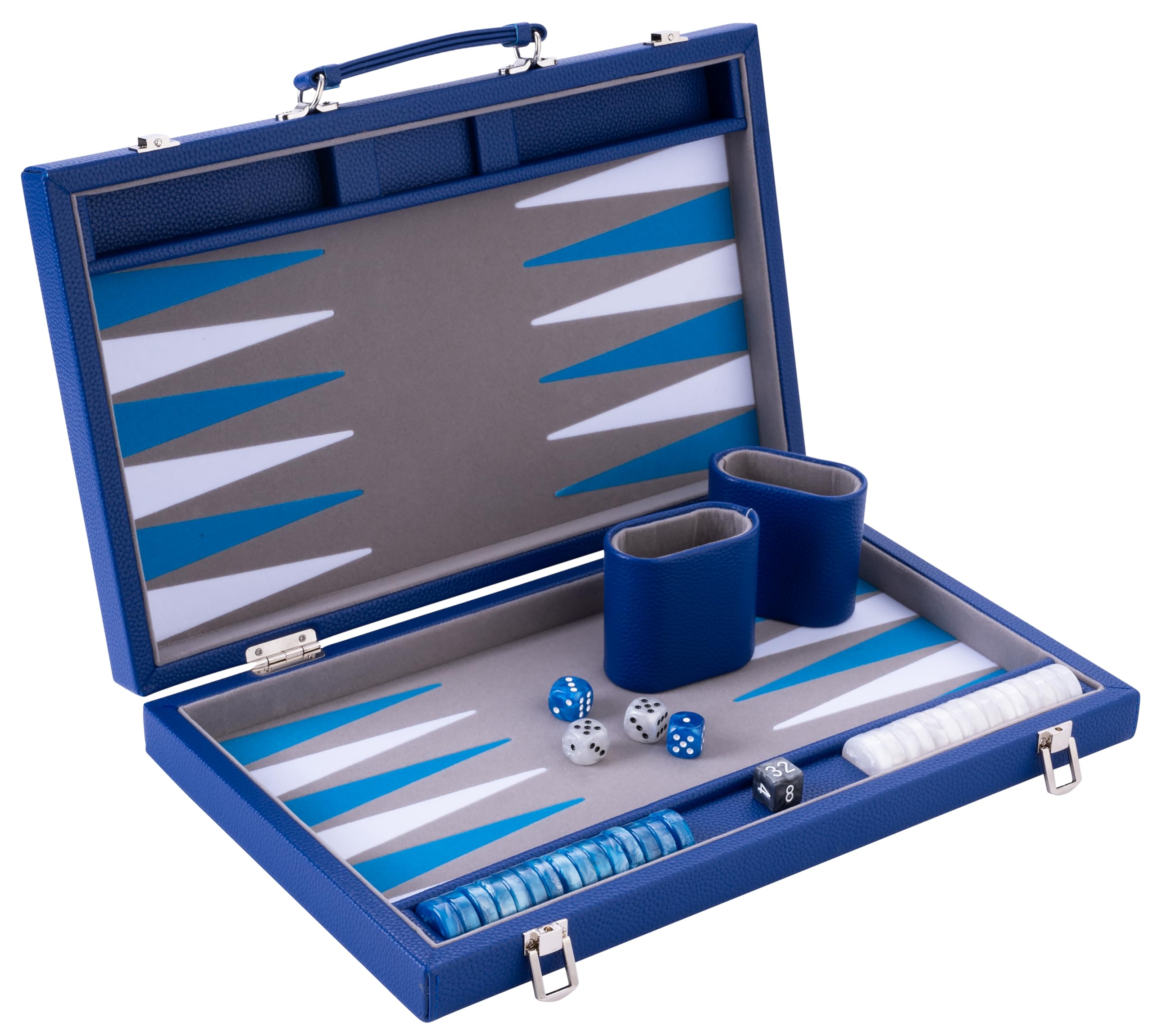 Engelhart - Luxury Backgammon 15 faux leather exterior, interior special felt inlay - pearly dice and token - with 2 tumblers