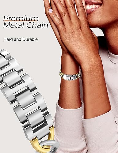 Miniatura 10 de JR.DM Correas de reloj doradas para mujer compatibles con Apple Watch Band de 1.654 in 1.732 in 1.772 in 1.929 in, correa de metal ajustable de