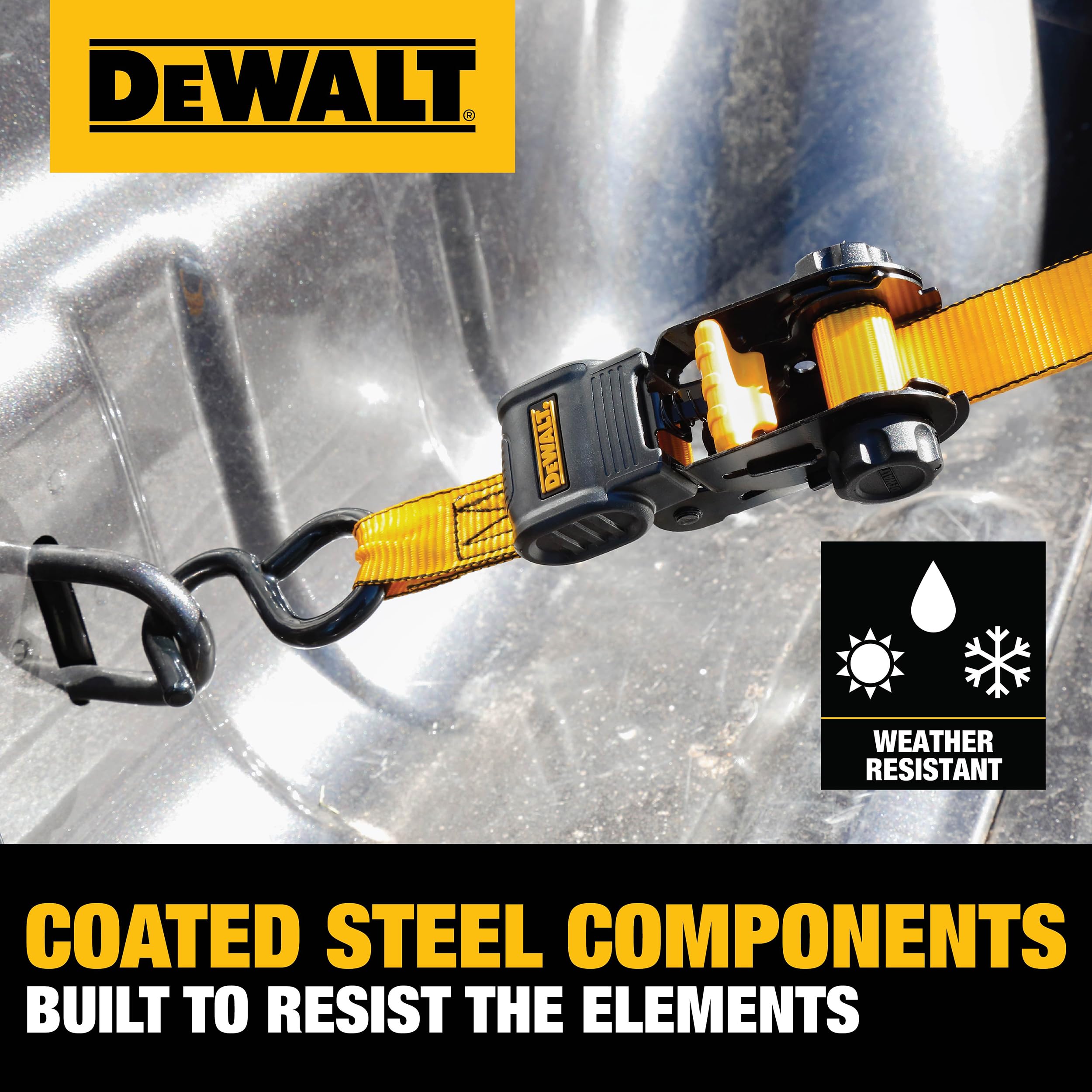 DEWALT DXBC15006X - Cinghia di fissaggio a cricchetto, 2,5 cm x 2,5 m, carico di lavoro sicuro 226,8 kg, resistenza alla rottura 0,7 kg, confezione da 6