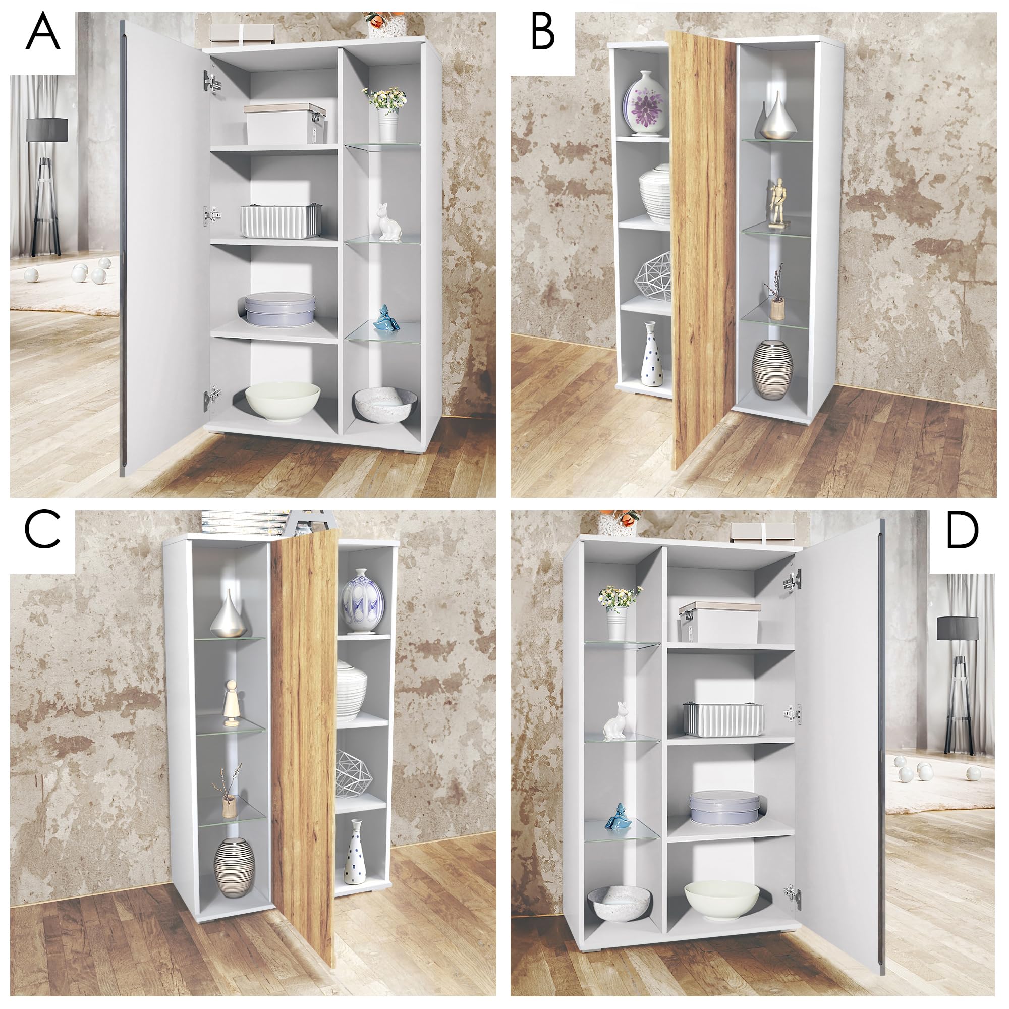 Vladon Mobile Parete Davos per Soggiorno, Composto da 2 vetrine e 1 Mobile TV, Bianco Opaco/Bianco Lucido incl. Illuminazione a LED (329 x 134 x 35 cm)