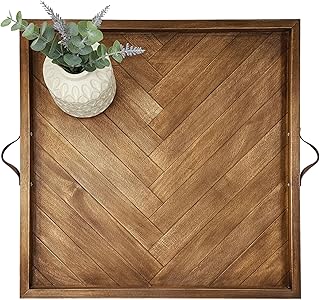 Large Square Ottoman Tray 24"x24", Wooden Ottoman Trays with Leather Handles, Rustic Decorative Storage