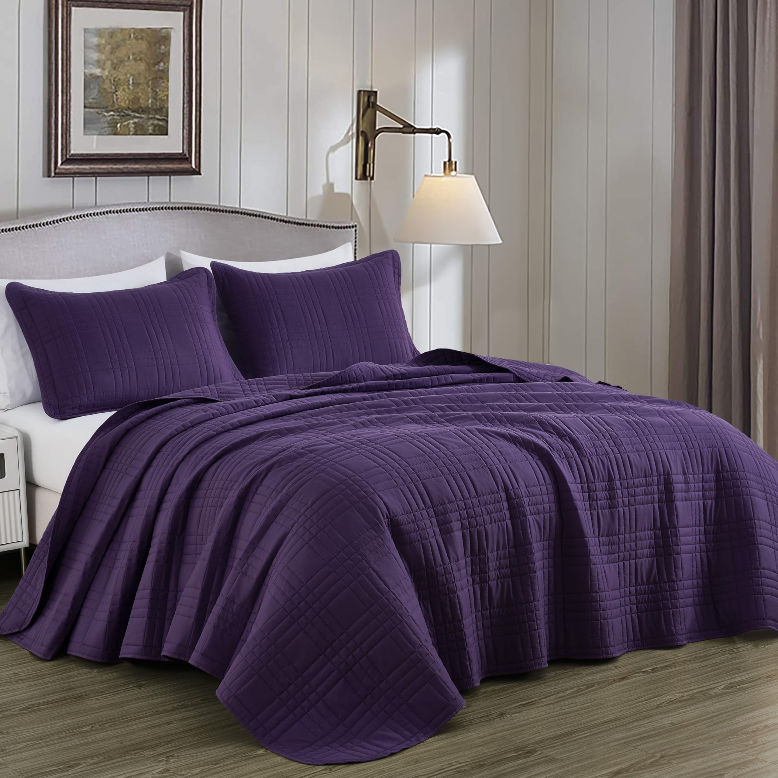 Chezmoi Collection Kingston 3-Piece Dark Purple Queen Size Quilt Set - Lightweight All Season Bed Coverlet Oversized Queen Bedspread 100" x 106"-image-40