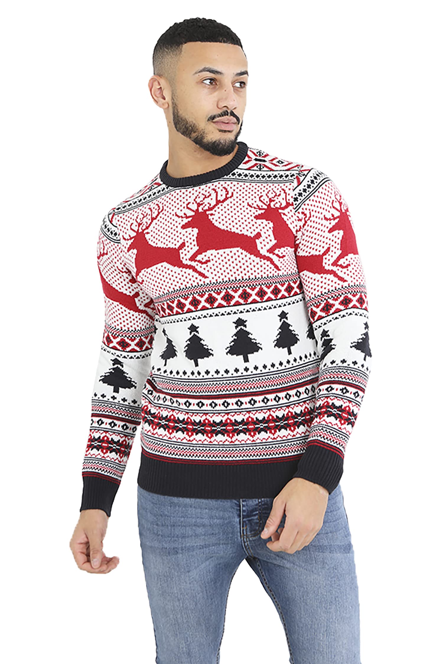 Mens Christmas Threadbare Ho Ho Snow Tree Baked Red Stripe Pattern Novelty Jumper