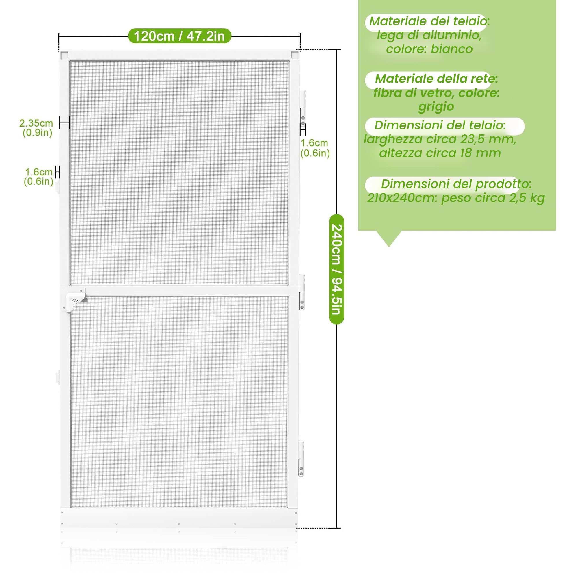 Aufun Zanzariera per porte fino a max. 120 x 240 cm, per porta con tessuto in fibra di vetro, Protezione Efficace Antinsetti Mosche, con telaio in alluminio bianco