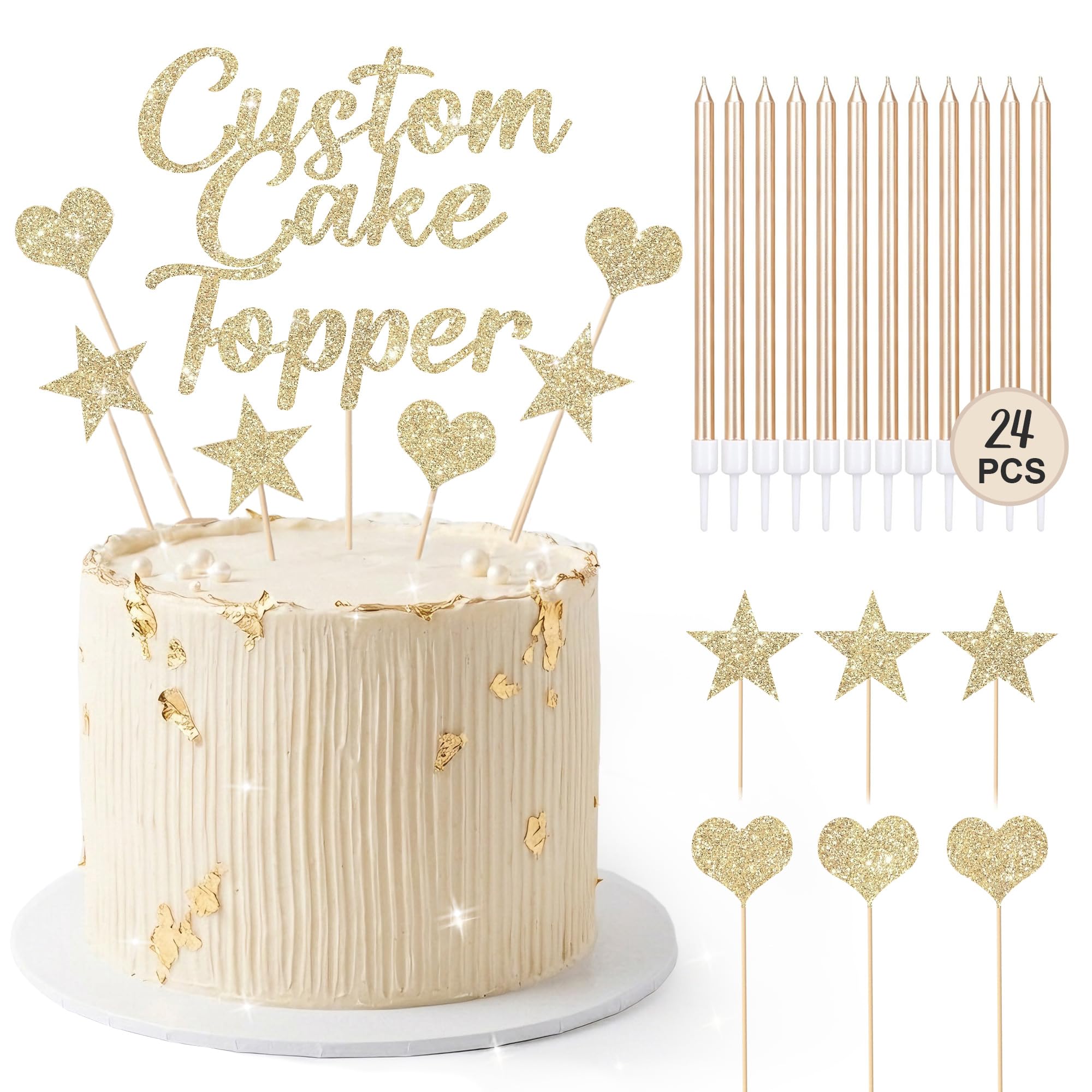 EDSG Personalised Cake Topper with 24 Candles, Double Side Glitter Cake Topper with Any Text, Custom Cake Toppers Cake Decorations for Birthday Graduation Wedding Babyshower (Champagne Gold)