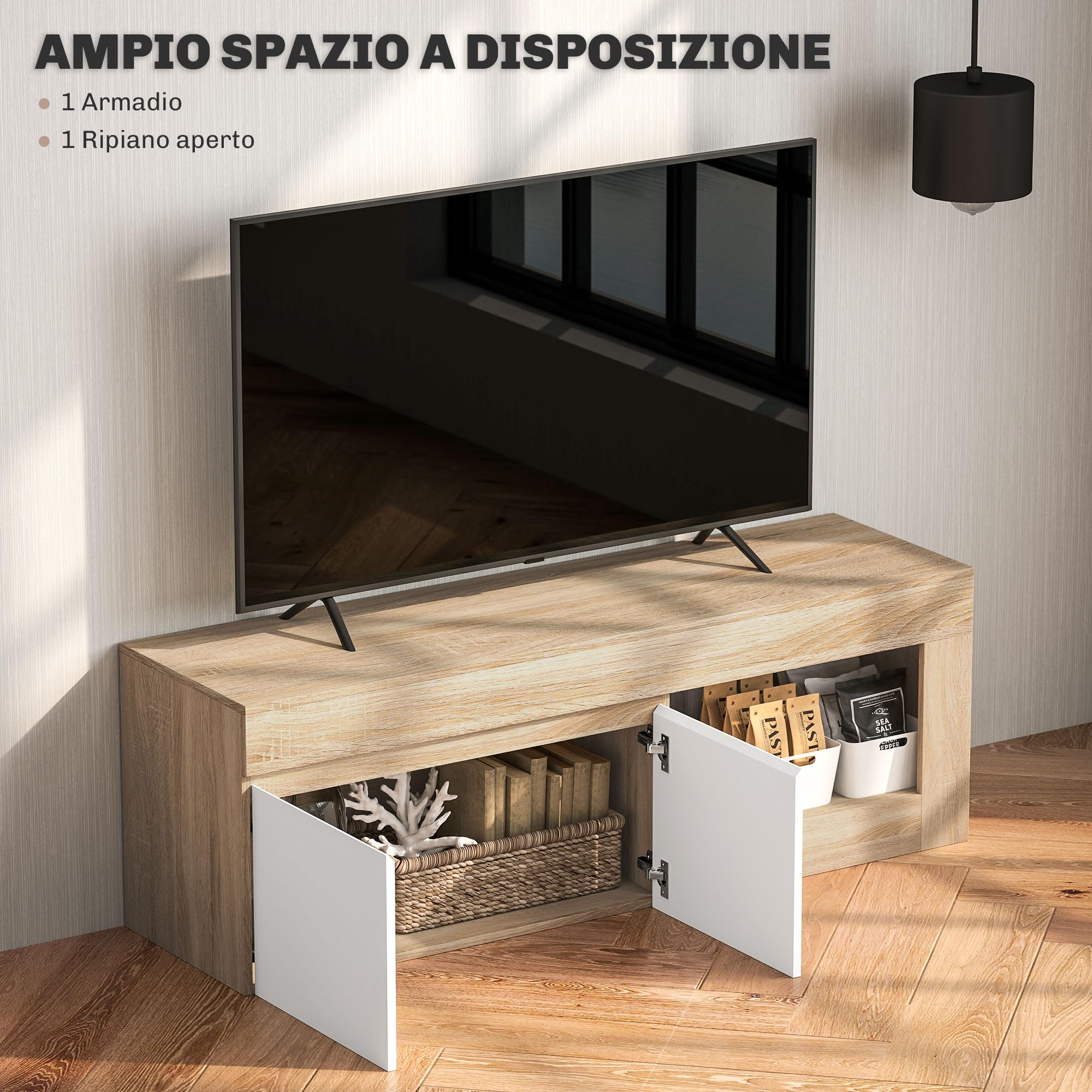 HOMCOM Mobile Porta TV 60" con Armadietto 2 Ante e Ripiano Aperto, Mobile TV in Legno per Salone, Camera da letto, Salotto e Soggiorno, 140x40x48 cm, Legno Naturale