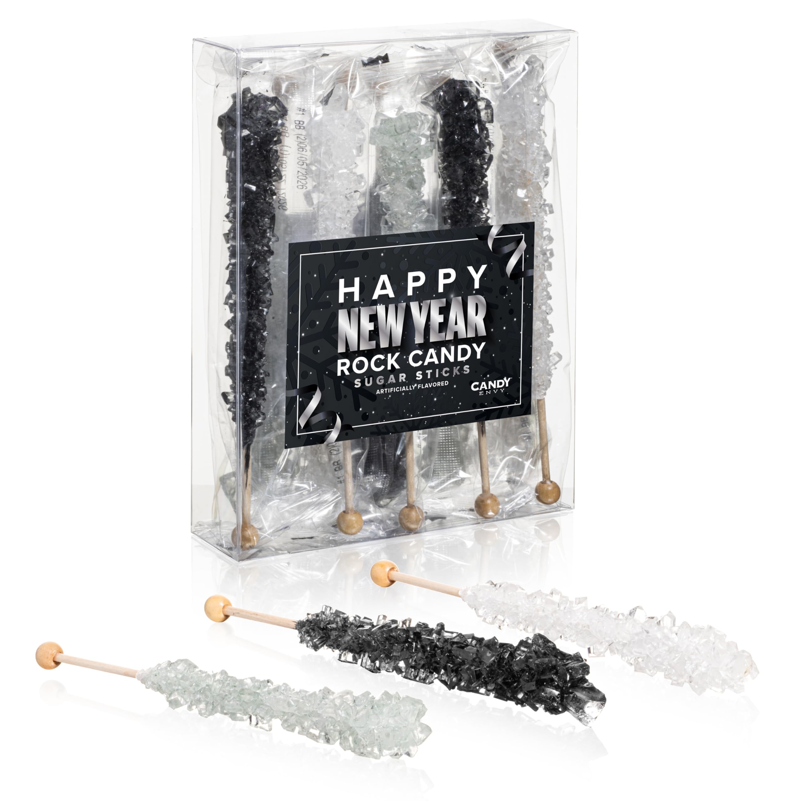 Happy New Year Rock Candy Sugar Sticks - Silver Edition - 10 Individually Wrapped Silver, Black, White Party Favors