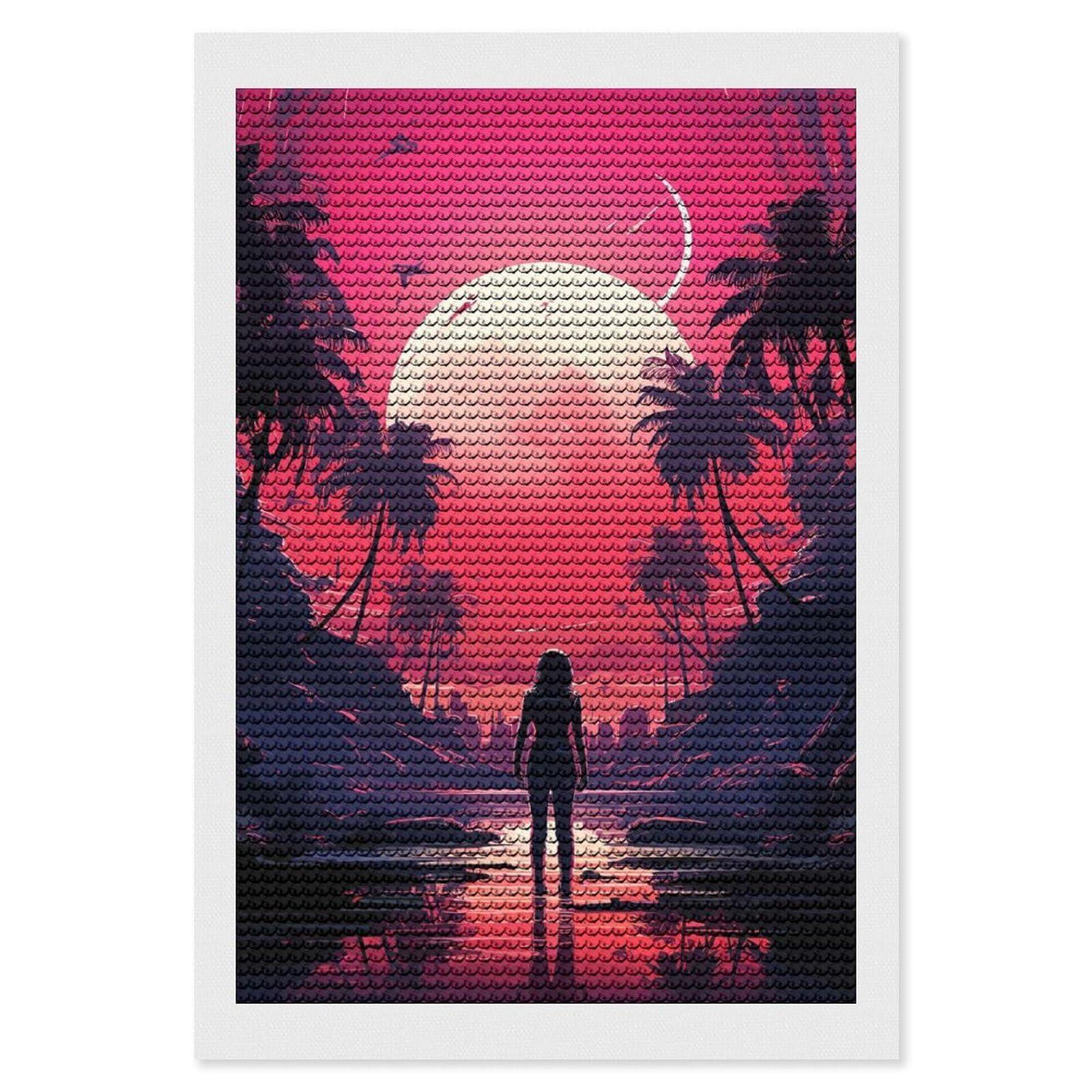 Junmoney Anime Lonely Moonrise DIY Diamond Art Canvas Kit 8"x12", Winter Craft, Mindful Craft Project, Aesthetic Room Decor, Decor Project