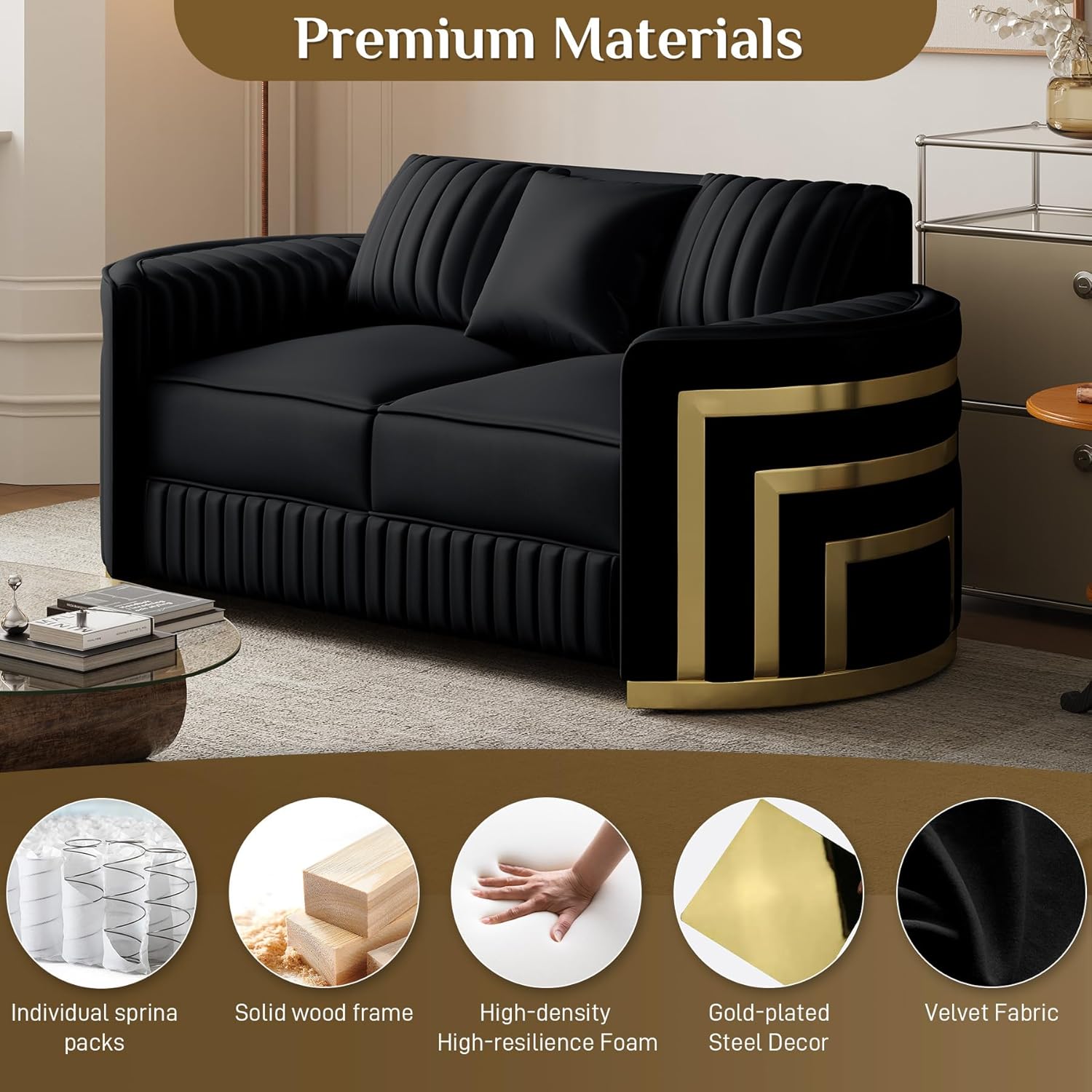 DAMAIFROM Velvet Couch Black and Gold Sofa Luxury Loveseat 65.2" Mid Century Modern Chesterfield Sofa Couch for Living Room, Tufted Sofas with 3 Pillows & Classic Golden Decor, Black