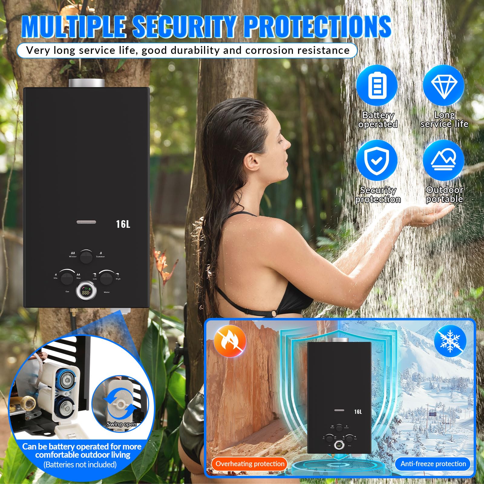 Chauffe-eau à Gaz,16L Chauffe-Eau Sans Réservoir Portable, Chauffe-eau Instantané au Propane Avec Affichage Numérique Multi-protection Pour les Voyages en Camping, RV Voyage