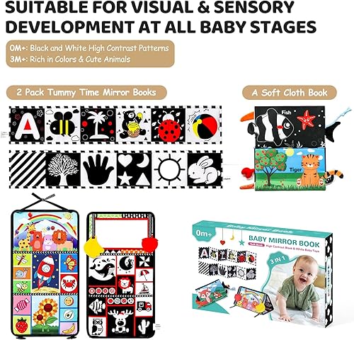 3PCS High Contrast Black & White Baby Toys - Tummy Time Mirror Infant Toys with Crinkle Cloth and Teether, Visual Stimulation Sensory Books for Newborns 0 3 6 12 Months, Shower Gift, Stocking Stuffers