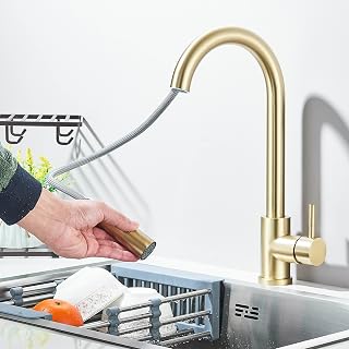 Küchenarmatur mit hohem Auslauf Wasserhahn für die Küche mit Ausziehbare Brause Hochdruck Mischbatterien für Küche Moderner Spültischarmatur Küche Gebürstetes Gold