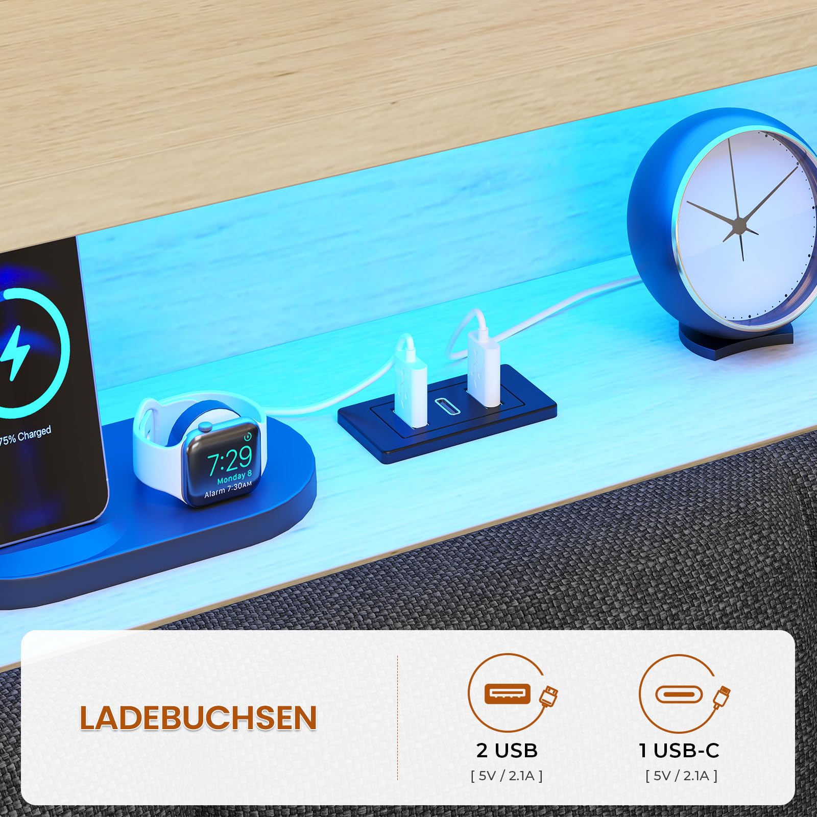 Polsterbett mit LED Beleuchtung, Jugendbett 90 x 200 cm, boxspringbett mit Ladestation, Kopfteil mit verstecktem Stauraum, Bettgestell mit großer Bettkasten, für Schlafzimmer, Gästezimmer, Grau