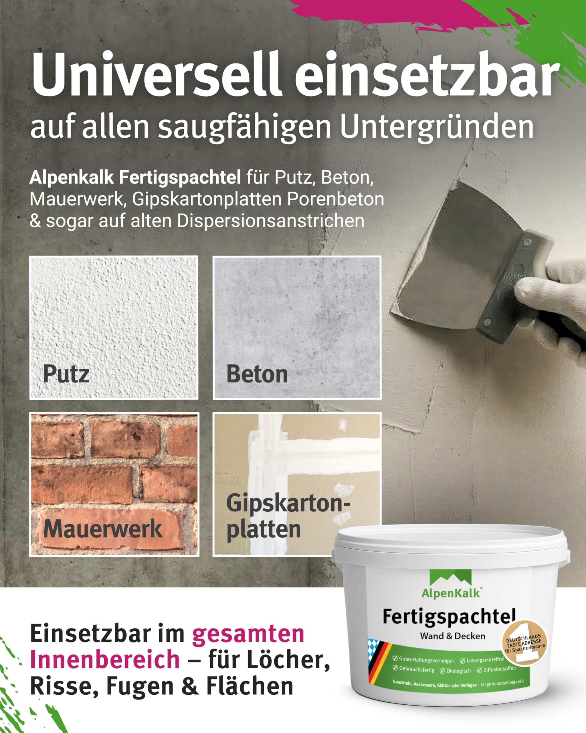 Spachtelmasse I 15 kg I Gebrauchsfertig & lösungsmittelfrei I Fertigspachtel mit Cremiger Konsistenz für streifenfreie Oberflächen I Vielseitig, diffusionsoffen & schimmelhemmend